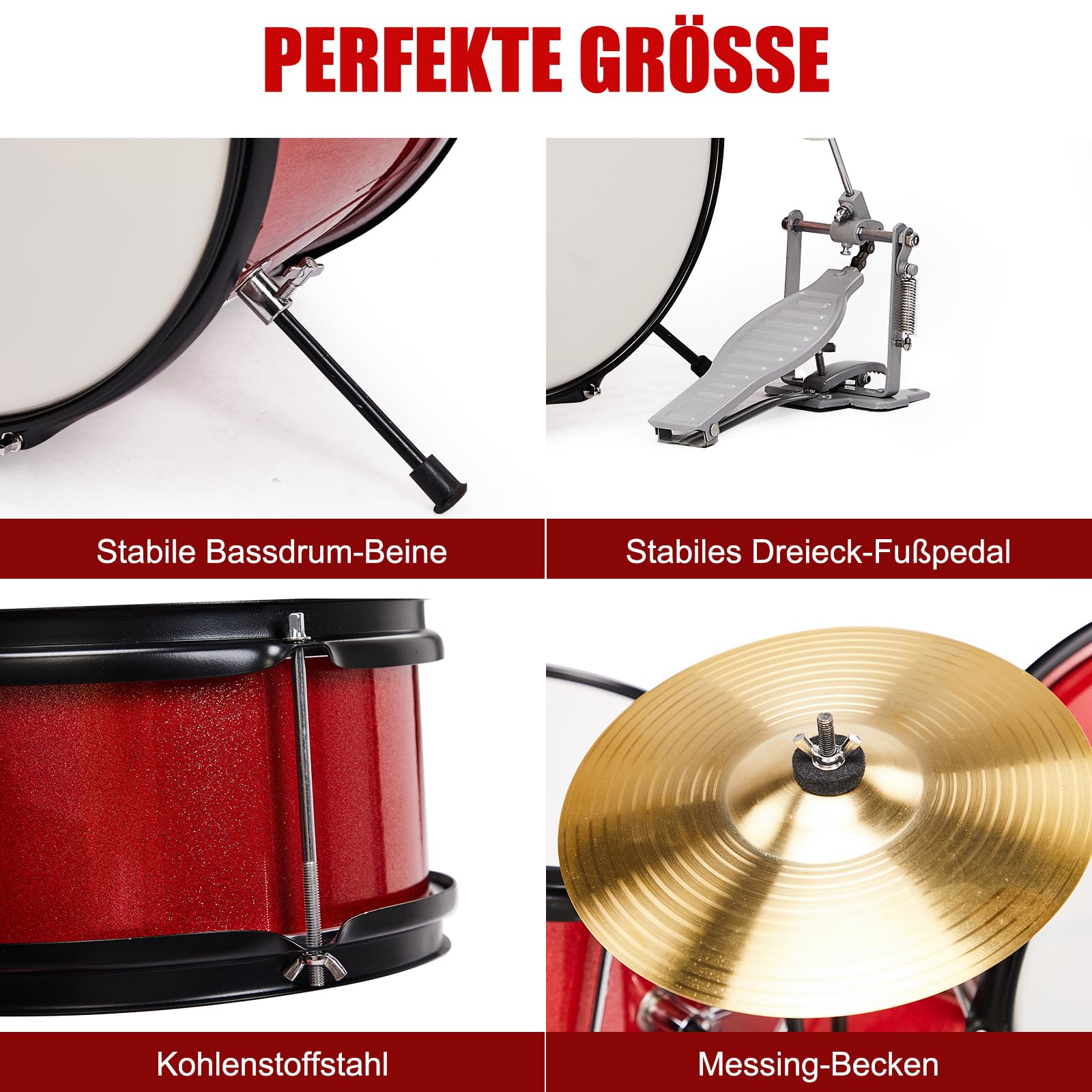 LEADZM Set di percussioni per bambini dai 3 anni in su, con sgabello, pedale per grancassa e 2 bacchette, bacino, Tom e rullante (rosso)