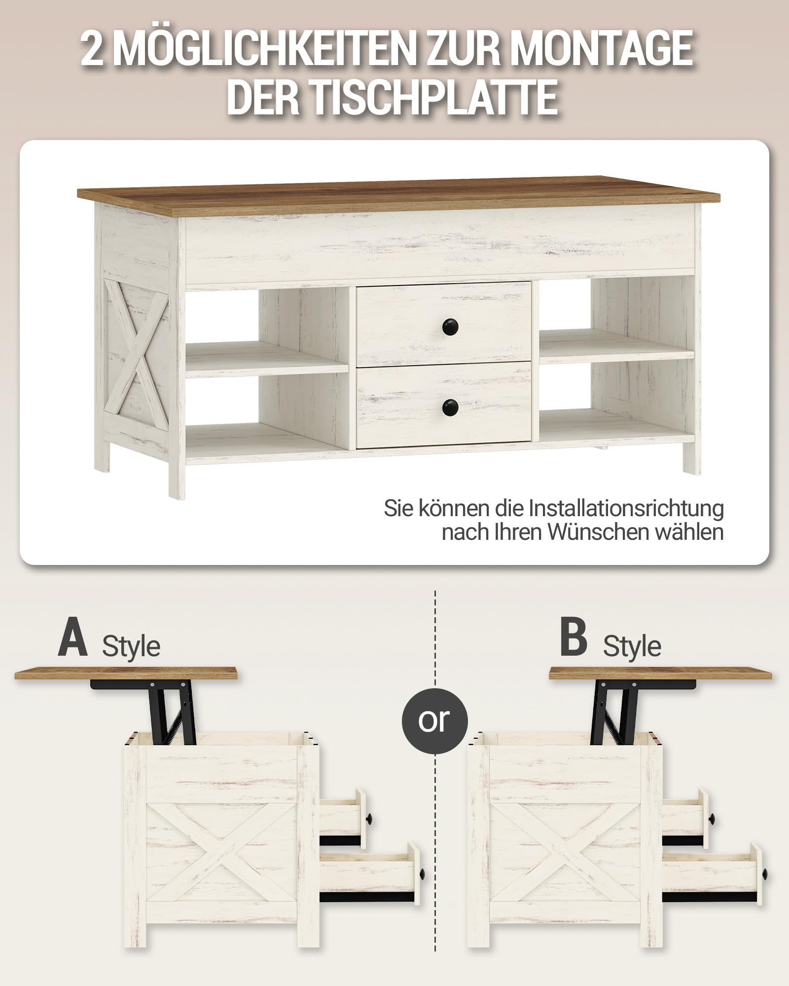 Hzuaneri Couchtisch, höhenverstellbarer, 50 x 100 x 47-61 cm, Weiß-Braun | Wohnzimmertisch, Sofatisch, 2 Schubladen und Versteckter Stauraum, für Wohnzimmer, Esszimmer, Büro, CT22114B