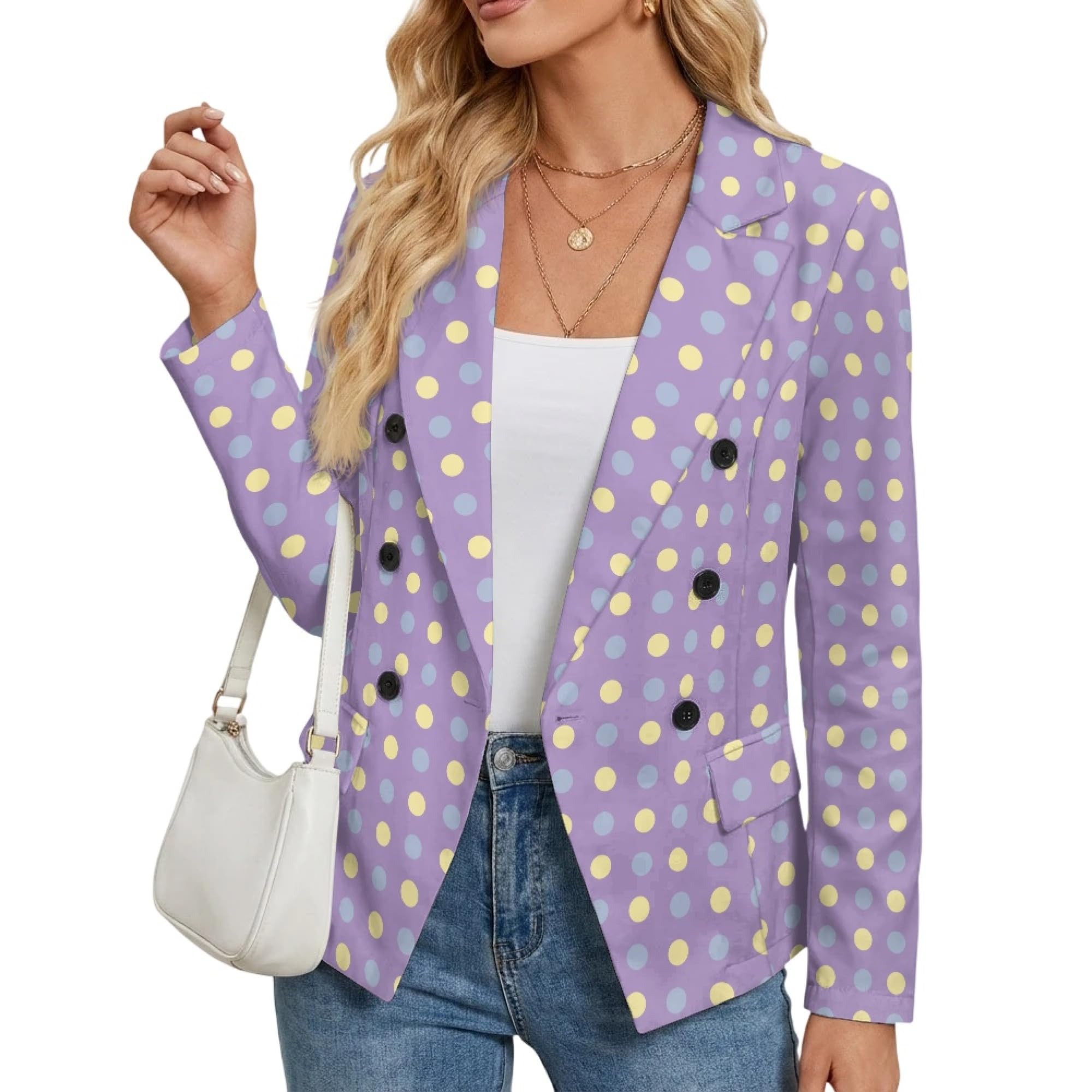 Blazer casual para mujer, chaqueta de traje de doble botonadura, ligera, ajuste delgado, abrigo de trabajo y oficina con bolsillos, Estampado de lunares, 3XL