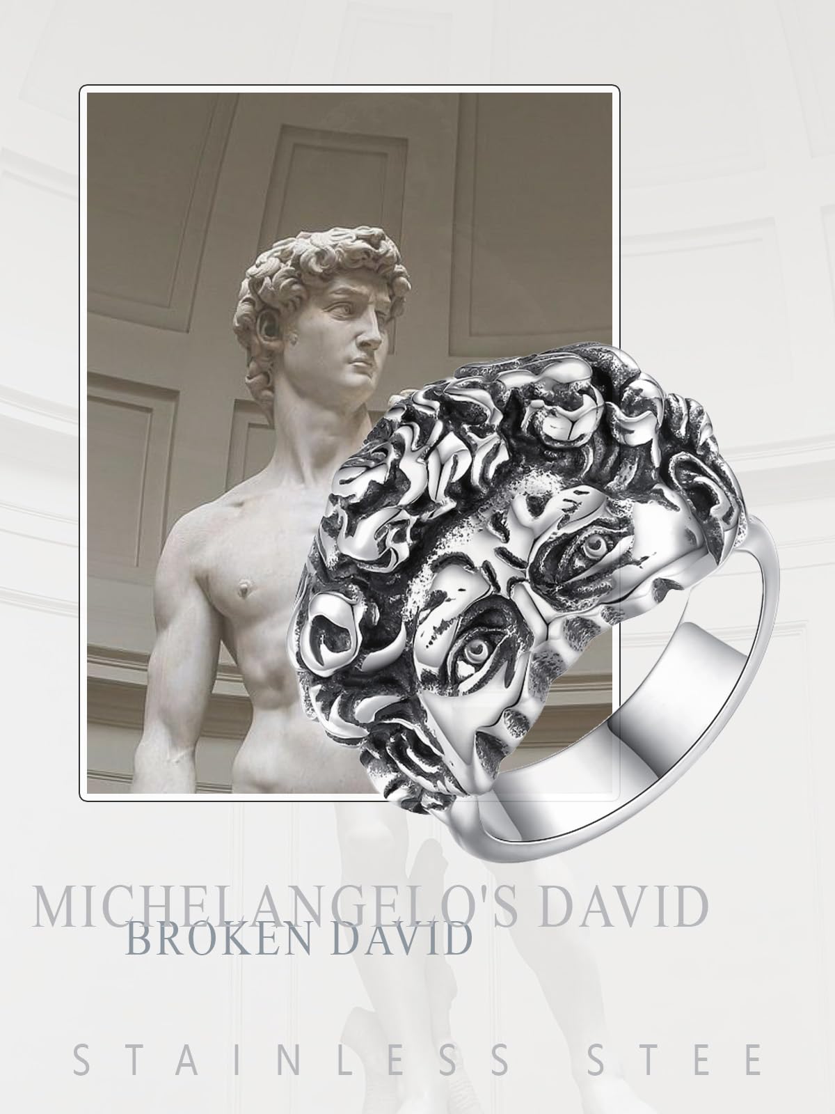 Anillo de David roto para hombre y mujer – Anillo clásico de acero inoxidable David de Stee Michelangelo – Anillo de arte de David con estatua, Metal, Sin piedras preciosas 5