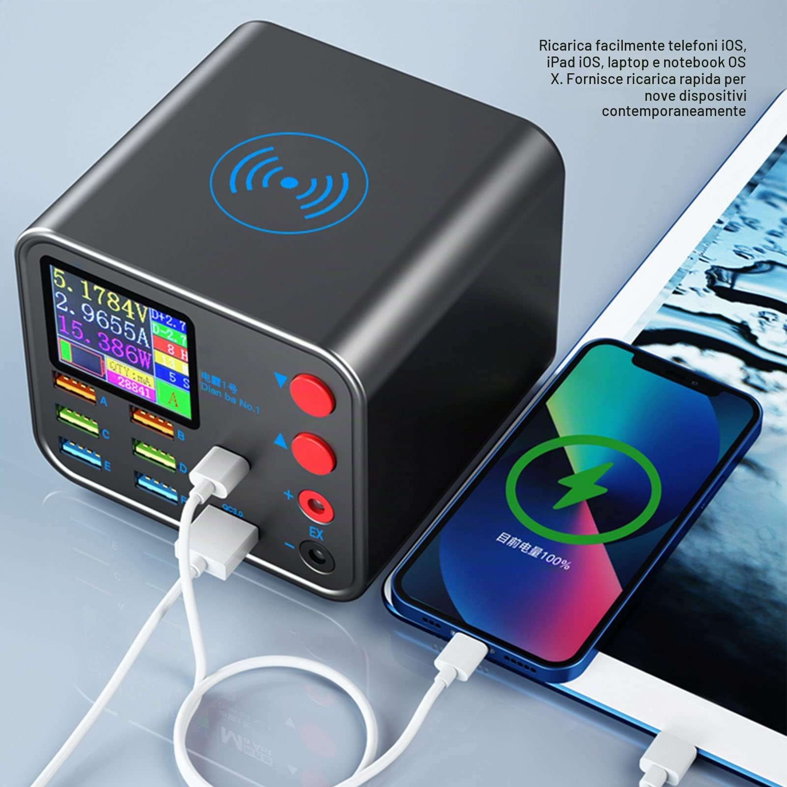 Stazione di Ricarica USB - Hub USB a 8 Porte - CaricatoreWireless - Adattatore di Alimentazione per Telefoni e Tablet