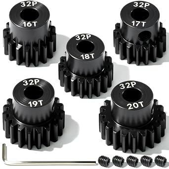 5Pcs 32P Hardened Steel Pinion Gear Set 5mm Shaft 16T 17T 18T 19T 20T Motor Pinion Gear with M4 Screw and Hex Key, for Arrma HPI Kyosho Losi Axial Traxxas Tamiya 1/10 RC Car and 540/550 Motors