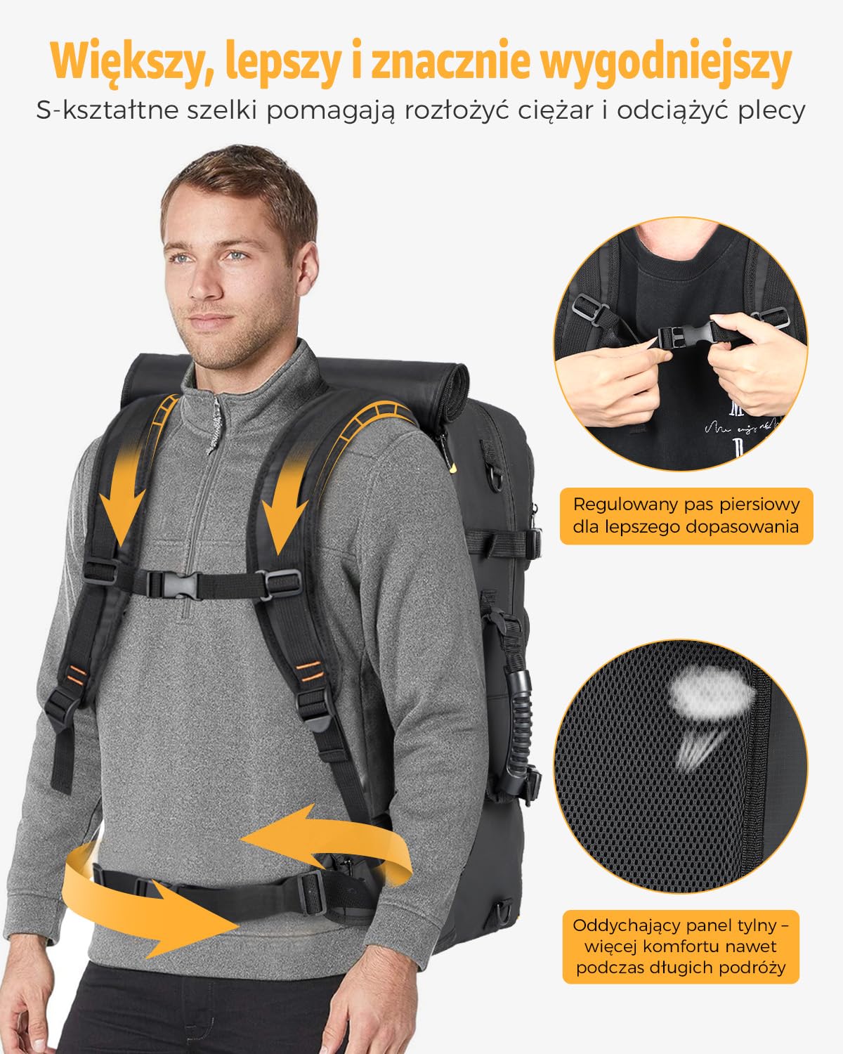 Ponhog Plecak Podróżny dla Mężczyzn, 50L Bagaż Podręczny z Portem USB Wodoodporny, Travel Backpack na Komputer 17,3 Cala, Czarny