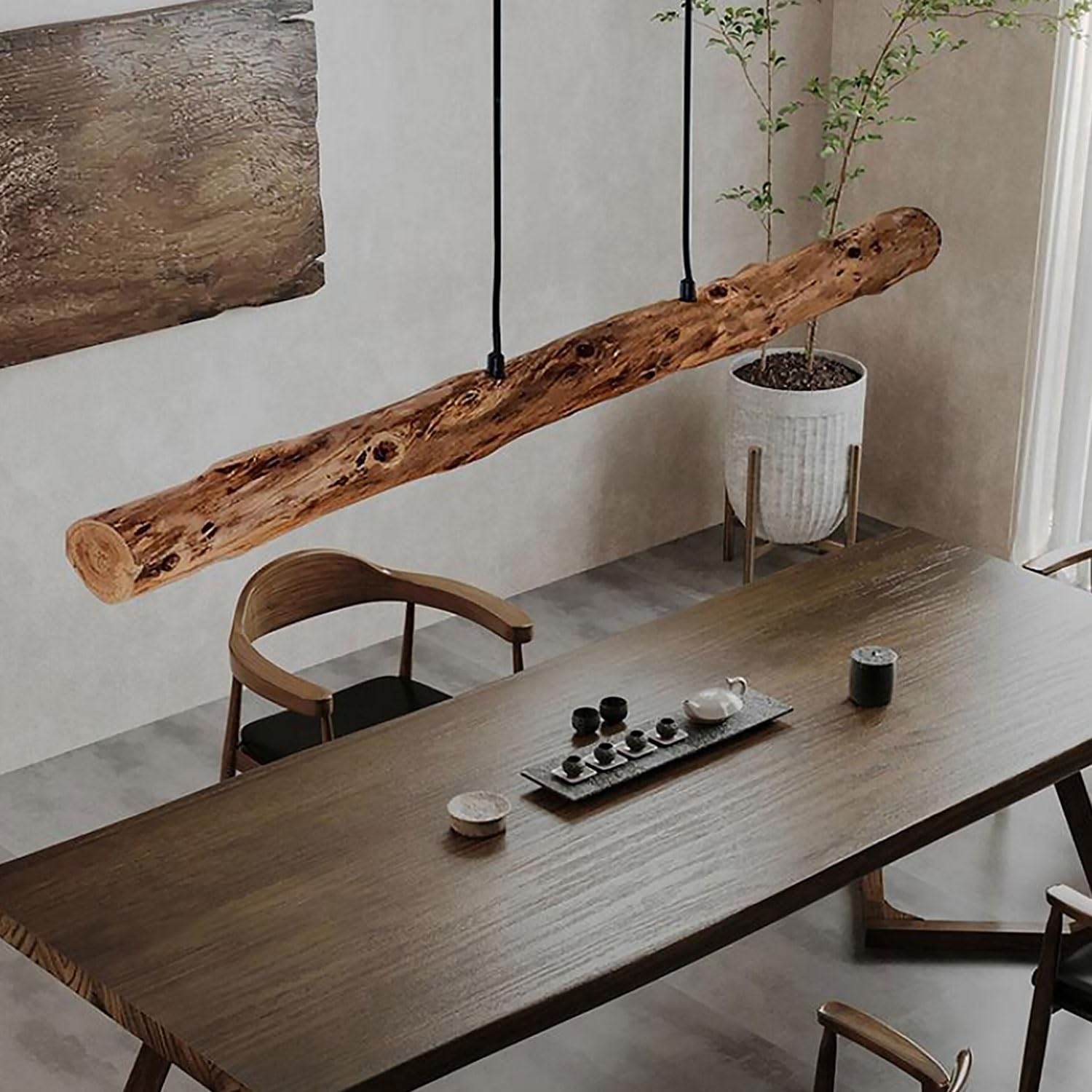 Pendelleuchte LED Holzbalken Esstisch Hängelampe warmes Licht Restaurant Pendellampe Massivholz Vintage Hängeleuchte 80cm Kronleuchter Retro Für Höhe Verstellbar Für Wohzimmer Bar Küche 35W