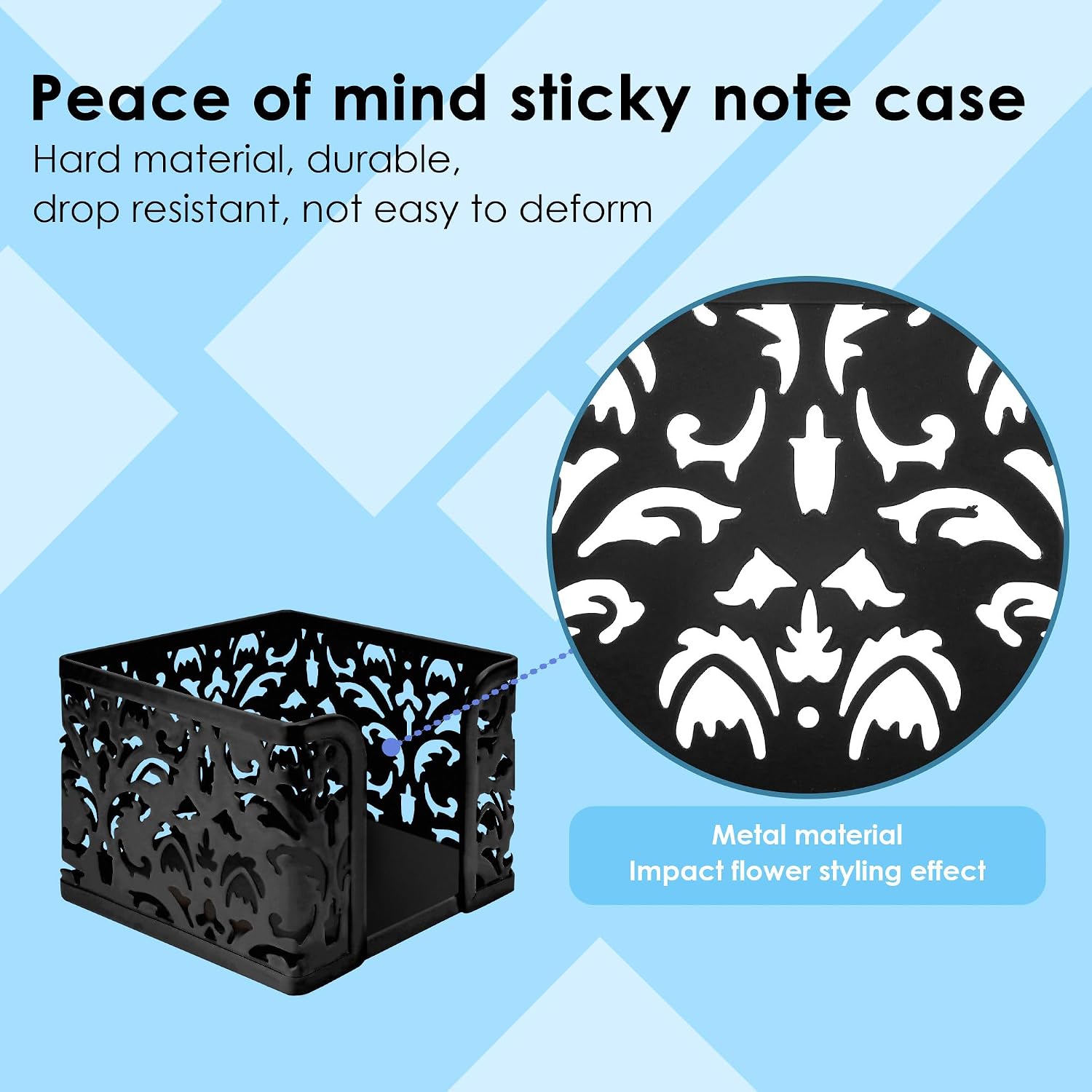 Metal Note Cube Holder - Flowering Carving Design, Stationery Paper Desk Organizer & Note Box for 3x3 Inch Memo Pads (Black)
