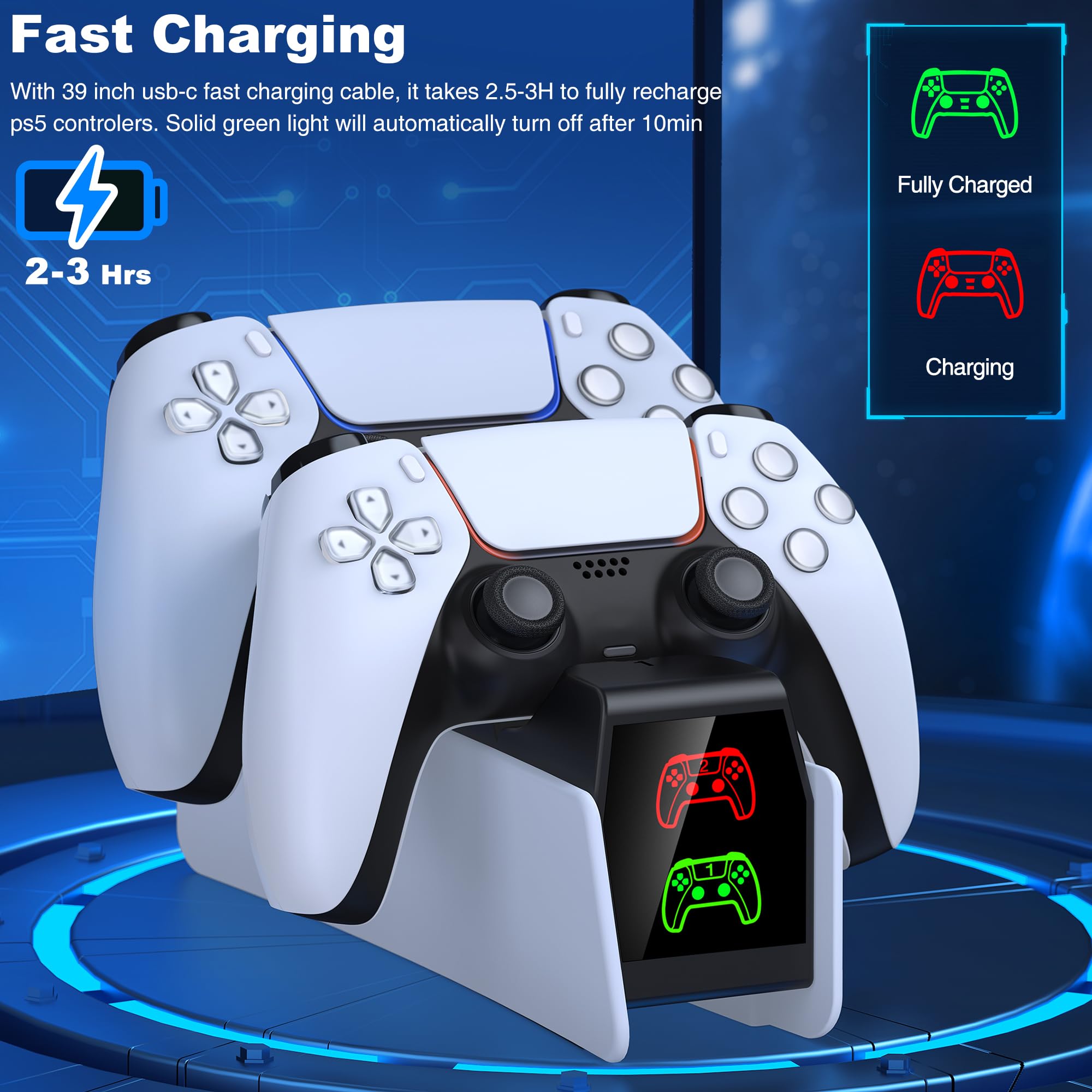 GAMSINGY Stacja ładująca do konsoli PS5, kontroler z 2 godzinami szybkiego ładowania, efekt świetlny RGB, wskaźnik ładowania LED do kontrolera Playstation 5, stacja ładująca PS5, akcesoria do
