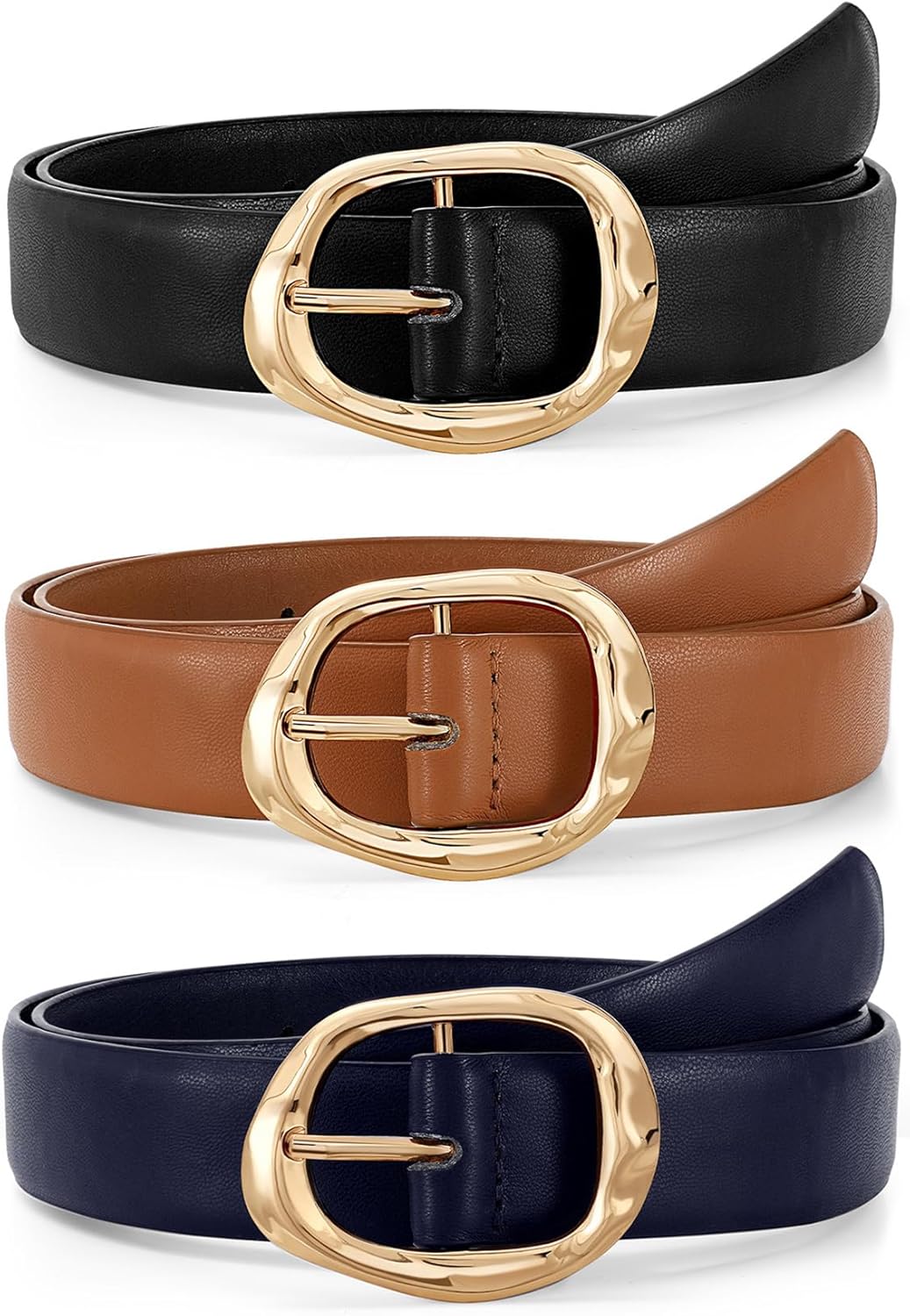 JASGOOD 3 Pack Women Belts for Jeans Pants Ladies Leather Waist Belt Casual Fashion Trend Belt for Women with Gold Buckle