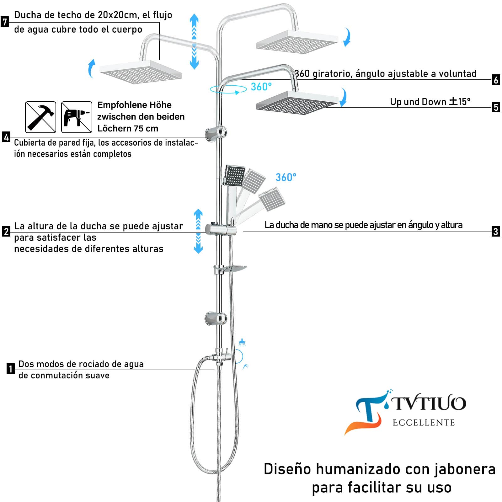 Set de Ducha de Lluvia, Set de Ducha de Lluvia Cuadrado, Set de Ducha con Ducha de Lluvia y Teleducha, Galvanizado（20cmX20cm）
