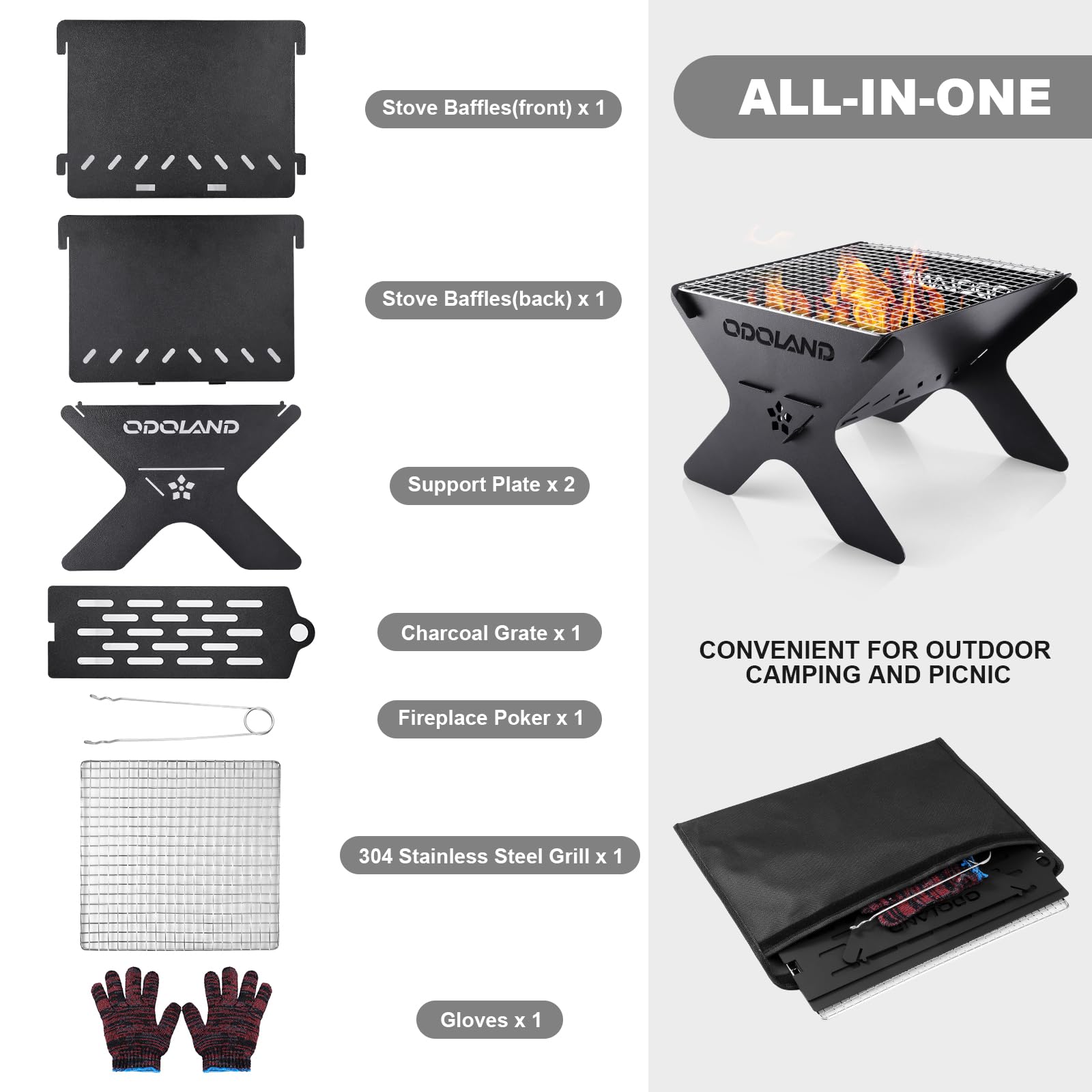 Odoland Camping Fire Pit, Portable Brasero Extérieur pour Camping, Barbecue à Foyer en Bois 2 en 1 avec Grille de Cuisson Amovible pour Barbecue en Plein Air, avec Sac de Transport
