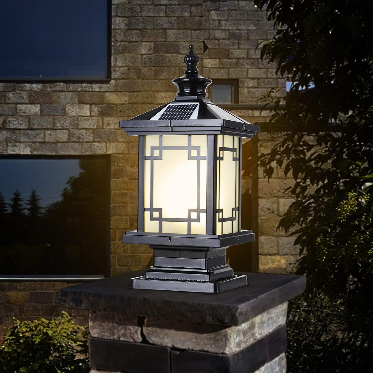 PTOUG LED Solar Post Light Outdoor, Aluminum Fence Post Cap Lamp Remote Control Dimmable Pillar Lights Solar IP65 Waterproof Column Light, 15.7" X 7.3" Pillar Pedestal Lantern for Garden Yard Black