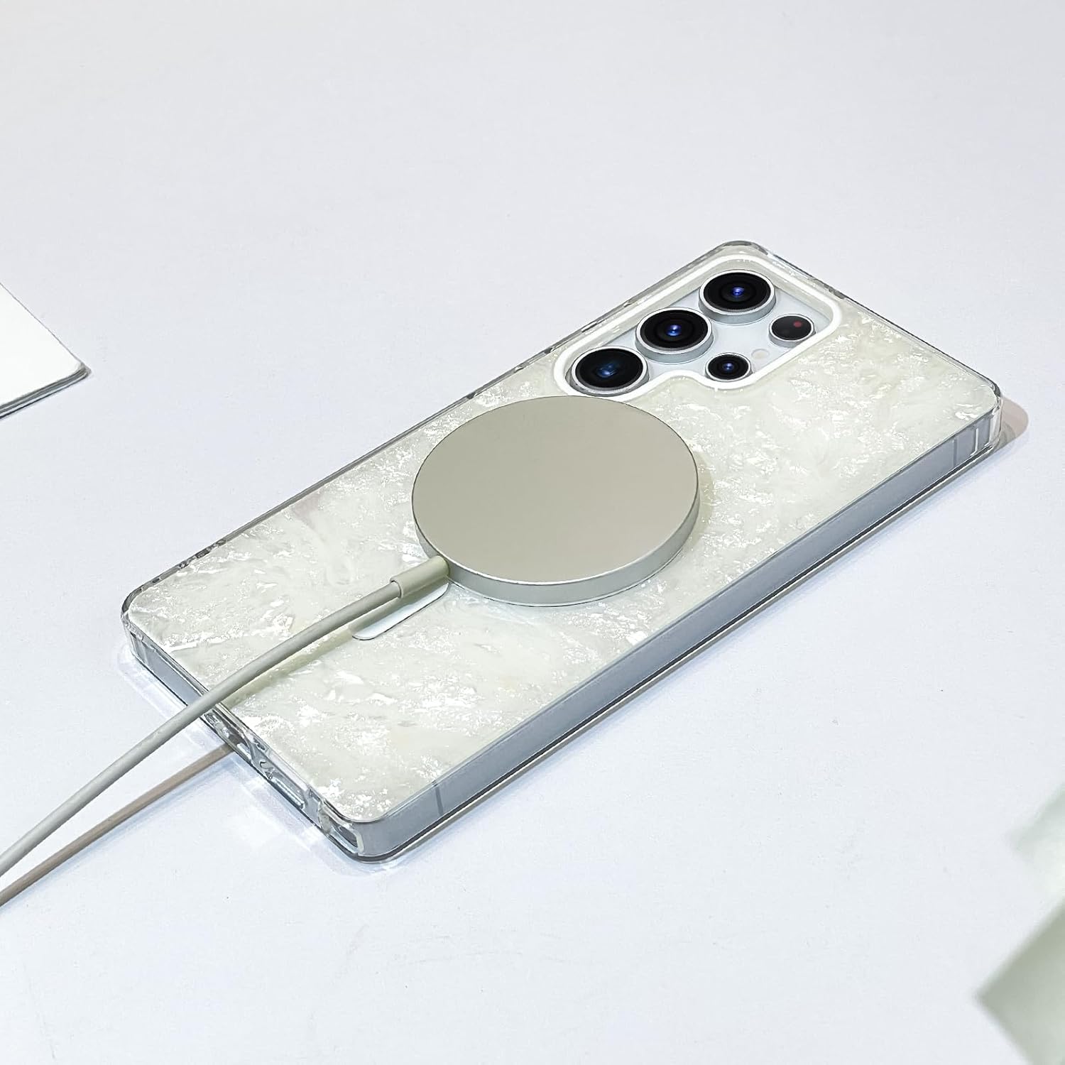 SAKUULO Magnetic Case for Samsung Galaxy S25 Ultra 6.9inch Compatible with Magsafe, Iridescent Mother of Pearl Trendy Sparkly Glossy Shockproof Protection Cover for Women Girls, Pearl White - Image 2