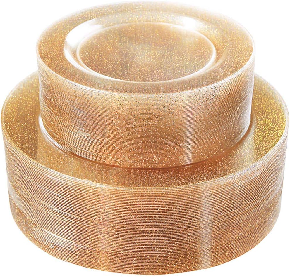 Gold Plastic Plates- Disposable Gold Glitter Plates, Premium Heavy Duty 60-10.25 Dinner Plate and 60-7.5 Salad Plate for Parties Wedding Birthday Valentine's Day