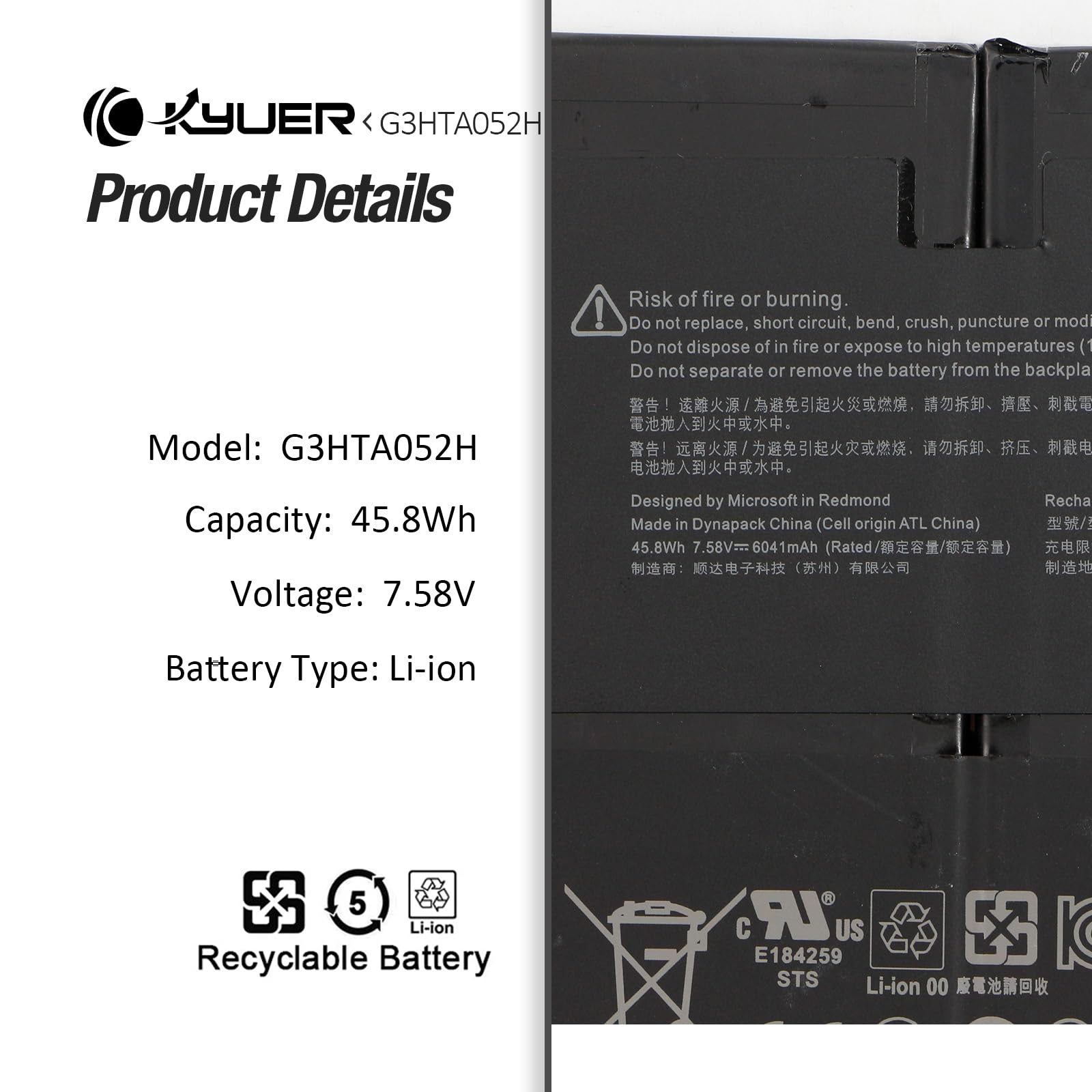 K KYUER G3HTA052H DYNT02 Batteria per Microsoft Surface Laptop 3 1867 1868 | (13.5-inch 2019) Series Intel Core i5-1035G7 i7-1065G7 10th Gen 128GB 256GB 512GB 1TB 8GB 16GB with Tools 7.58V 45.8Wh
