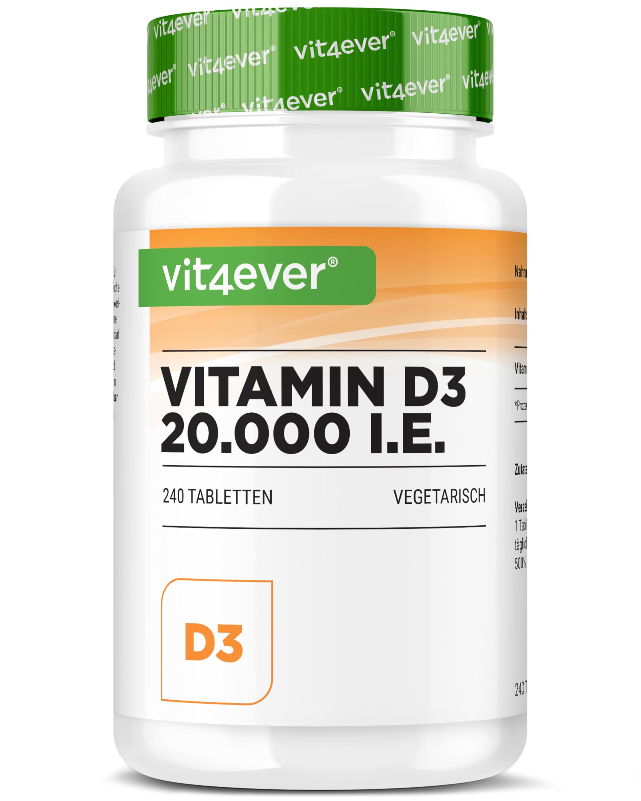 Vitamine D3-240 Comprimés - 20.000 U.I. (500µg) Vitamine D3 par Comprimé - Forte Dose - Haute Pureté - Qualité Premium - 1 Comprimé tous les 20 Jours - Végétarien
