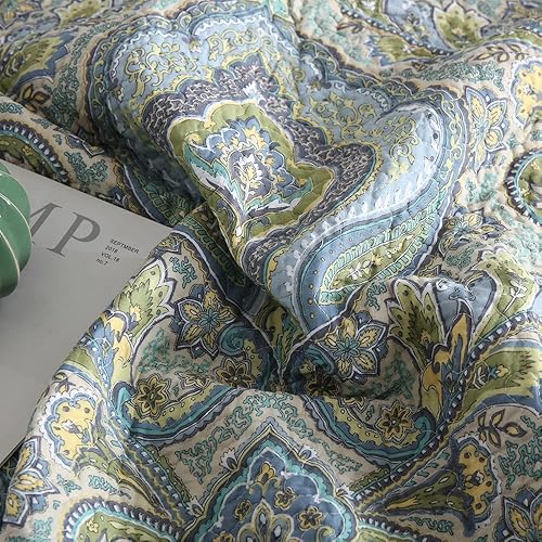 Miniatura 9 de Autumn Dream Juego de colcha de algodón, juego de edredón reversible de 3 piezas, diseño clásico de cachemira de damasco, tamaño King