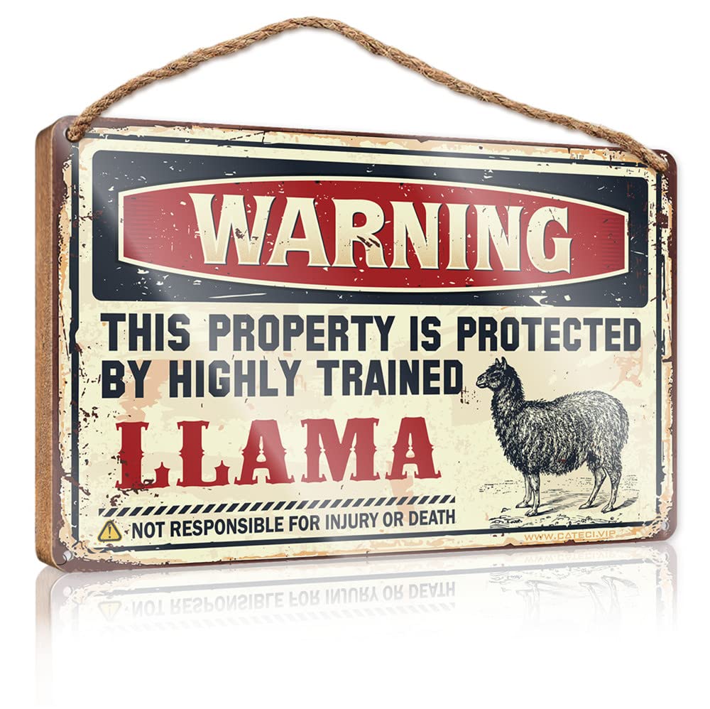 YYHLEH Wooden Hanging Plaque Sign Warning This Property Is Protected By A Highly Trained Llama Wooden Sign(23X35CM)