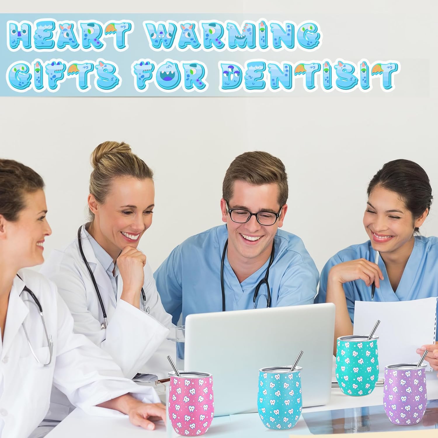 Umigy 4 Pcs Dental Assistant Gifts, Teeth Dentist Wine Tumbler, 12 oz Stainless Steel Coffee Travel Mug, Vacuum Insulated Tumbler Cup with Straw Lid and Brush Dental Hygienist Christmas Birthday Gifts - Image 5