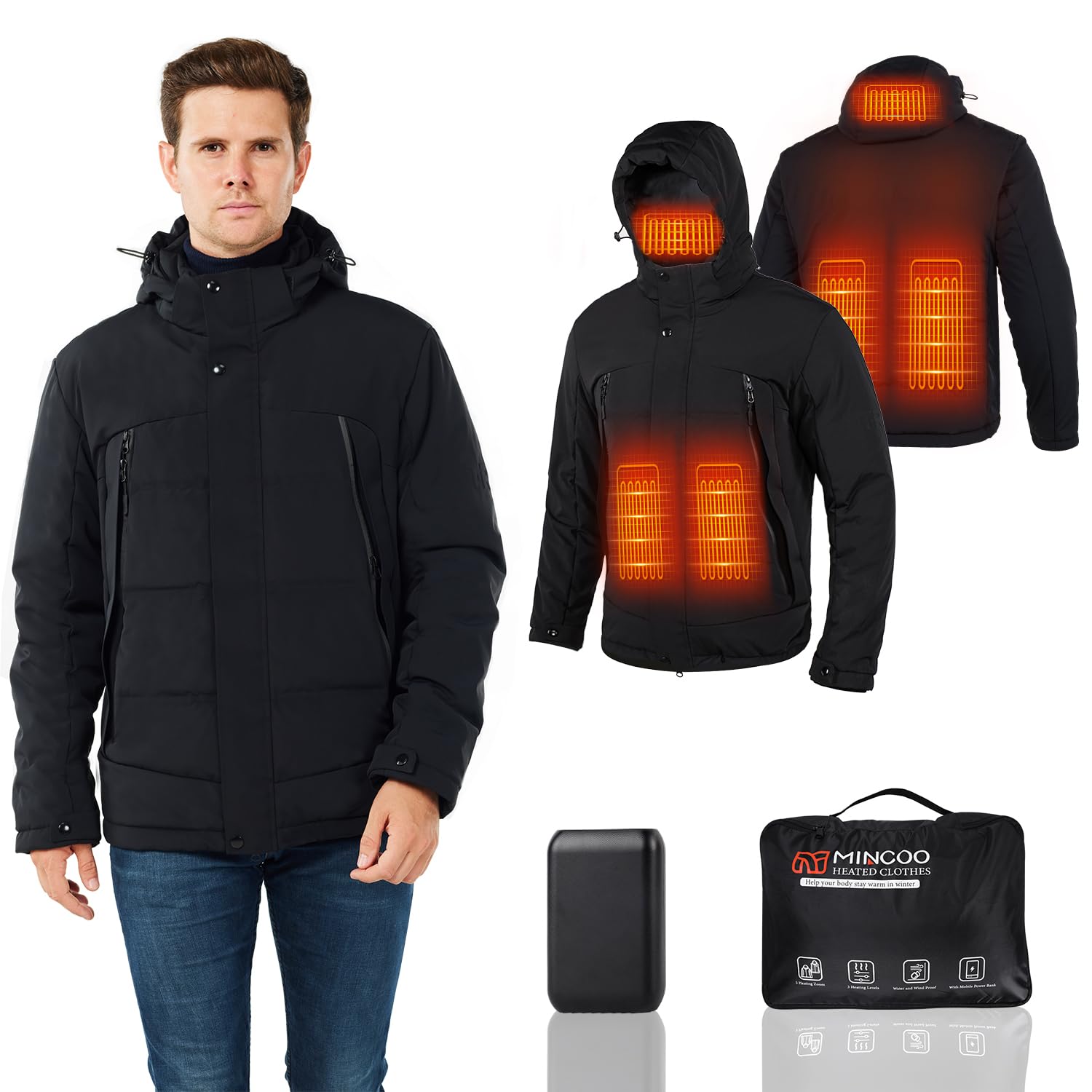Chaqueta Calefactable Impermeable con Capucha para Hombre y Mujer Esquí Motocicleta S Negro