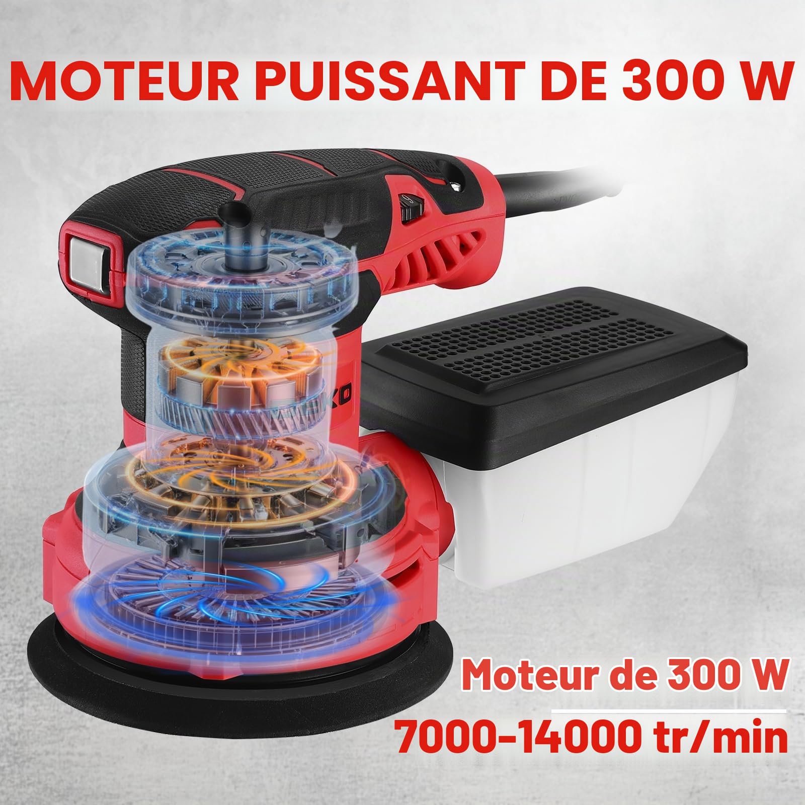 DEKOPRO Ponceuse Excentrique 300W - Ponceuse Electrique 125mm, 6 Vitesses, 14000RPM, Papier Abrasif 16 Pièces, Collecteur de Poussière, Trois Pinceau Plats, pour Surfaces en Bois et Acier, Rouge