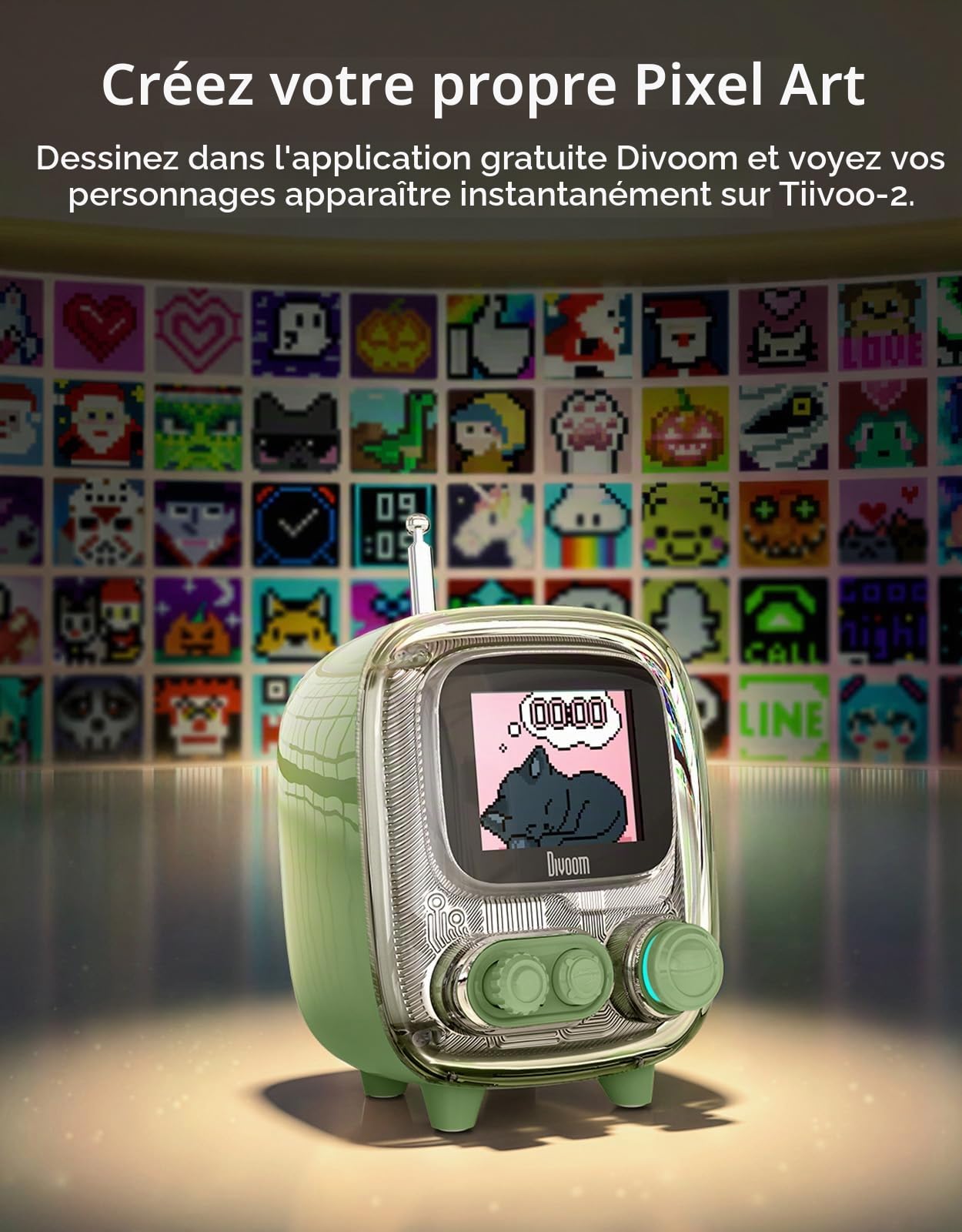 Divoom Tiivoo-2 Enceinte Bluetooth rétro avec Haut-Parleur sans Fil Mignon, Petit, Tendance, Multifonction, Pixel Art, Horloge, Chargement d'album, Bruit Blanc, Cadeau, Compatible avec (Vert)