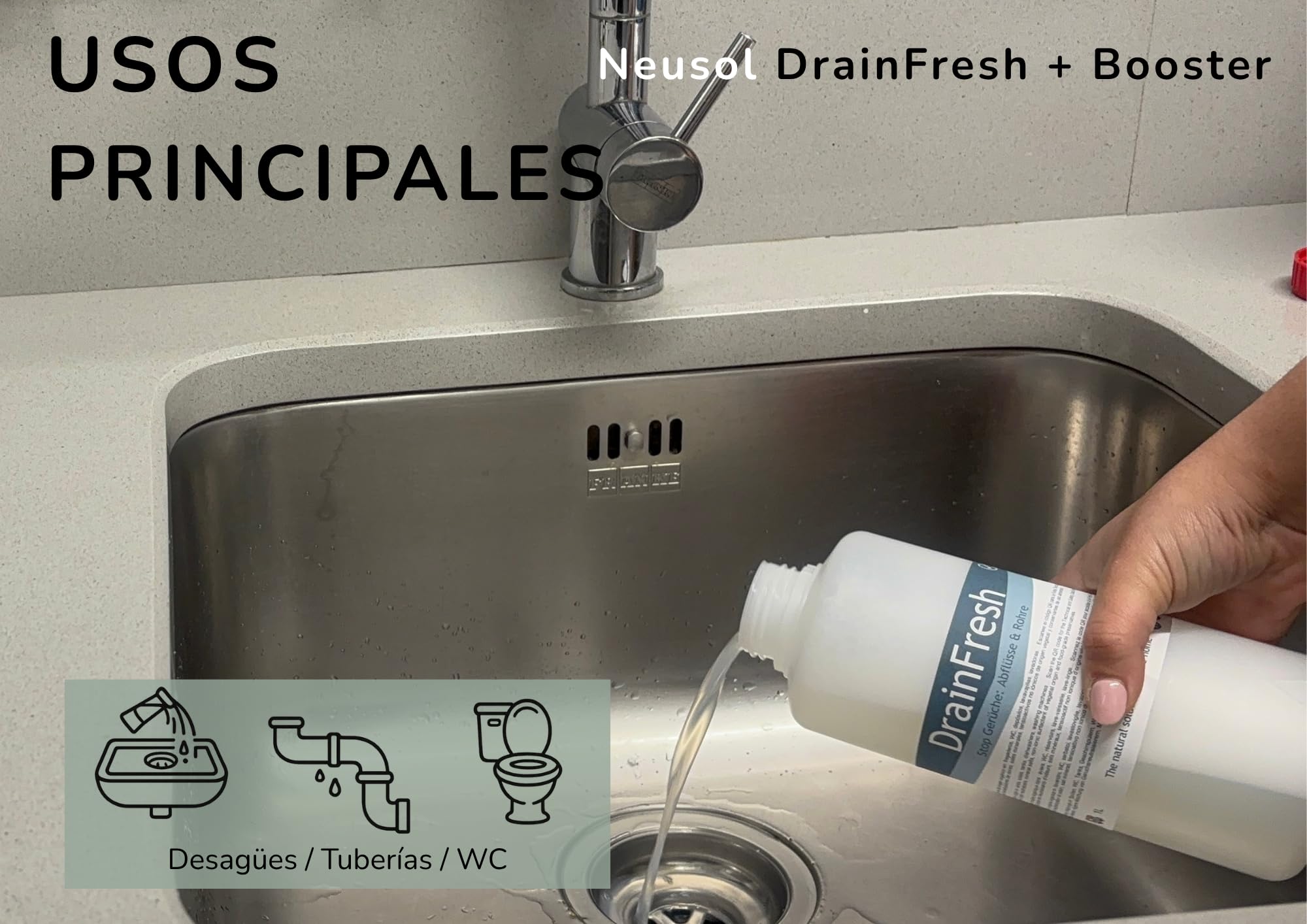 DrainFresh + Booster Pack Olores y Tratamiento Desagües | Acción inmediata + mantenimiento biológico Elimina olor Ayuda a degradar materia orgánica Solución completa para desagües