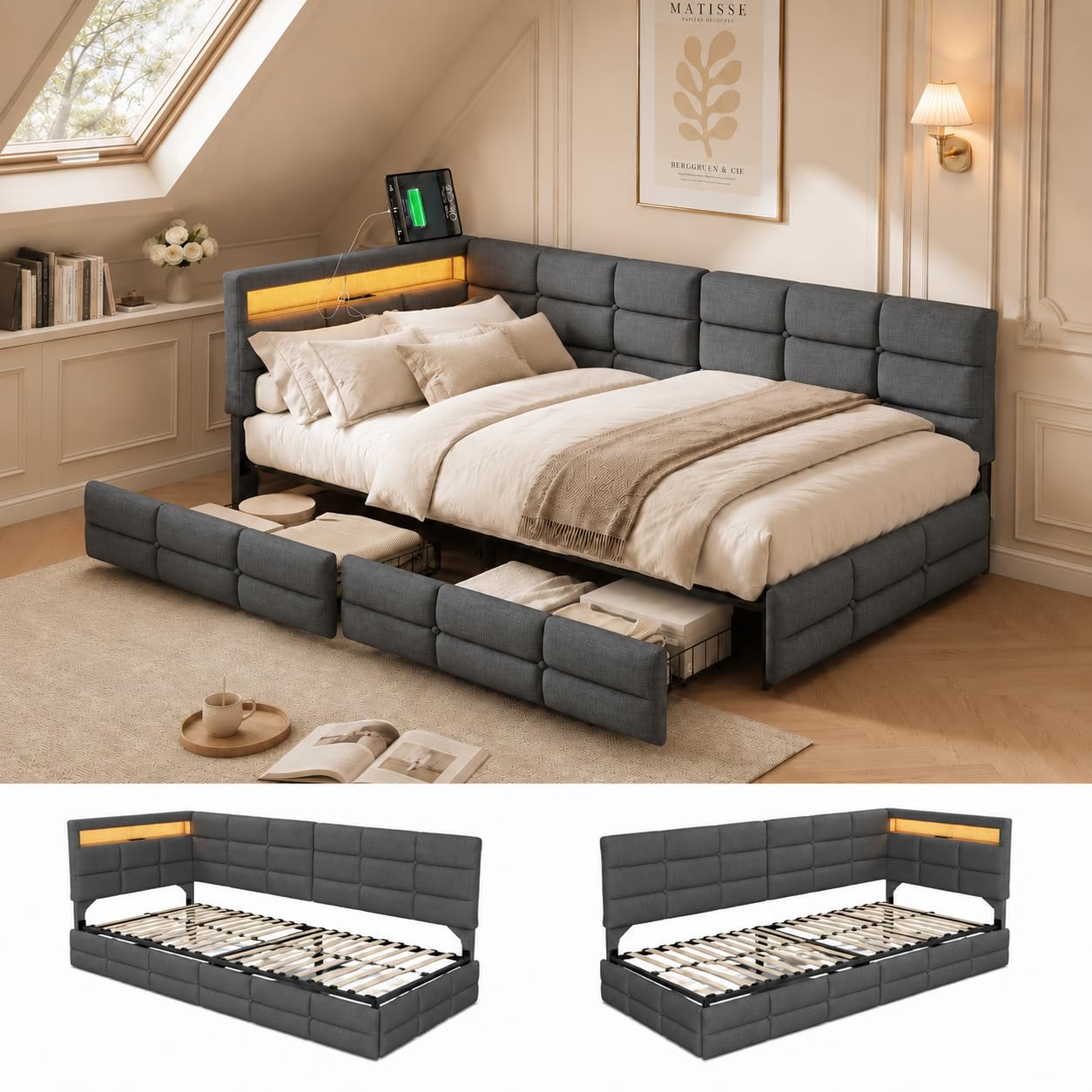 Polsterbett Schlafsofa 90x200 mit LED, Polsterbett Tagesbett Einzelbett, Jugendbett 90x200 mit 2 Schubladen und Stauraum, Jugendbett Tagesbett mit USB, Gästebett, Ohne Matratze, Grau