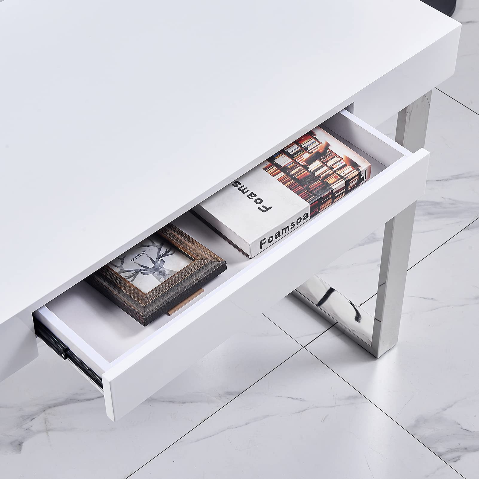 Computer Desk, High Gloss White Writing Study Desk with