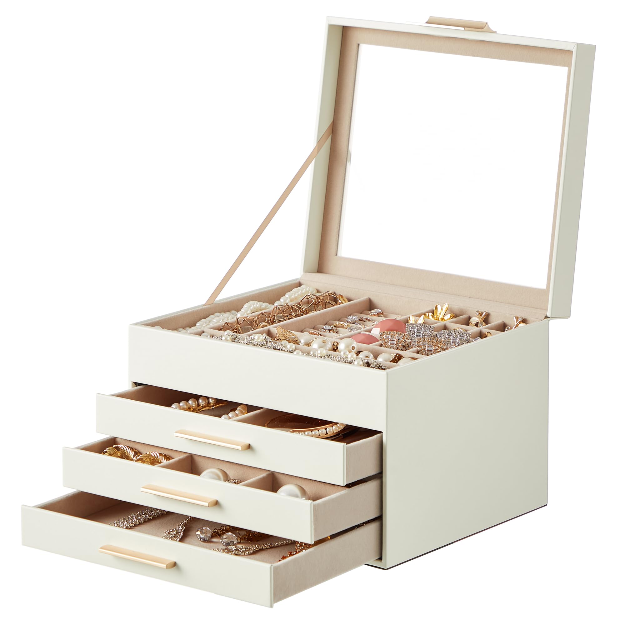 SONGMICS GISELLA Kollektion - Schmuckkästchen, Schmuckkasten 4 Ebenen, Schmuckbox mit Glasdeckel, 3 Schubladen, Schmuckaufbewahrung, Geschenkidee, 20,3 x 23,1 x 16,5 cm, wolkenweiß-golden JBC173W01