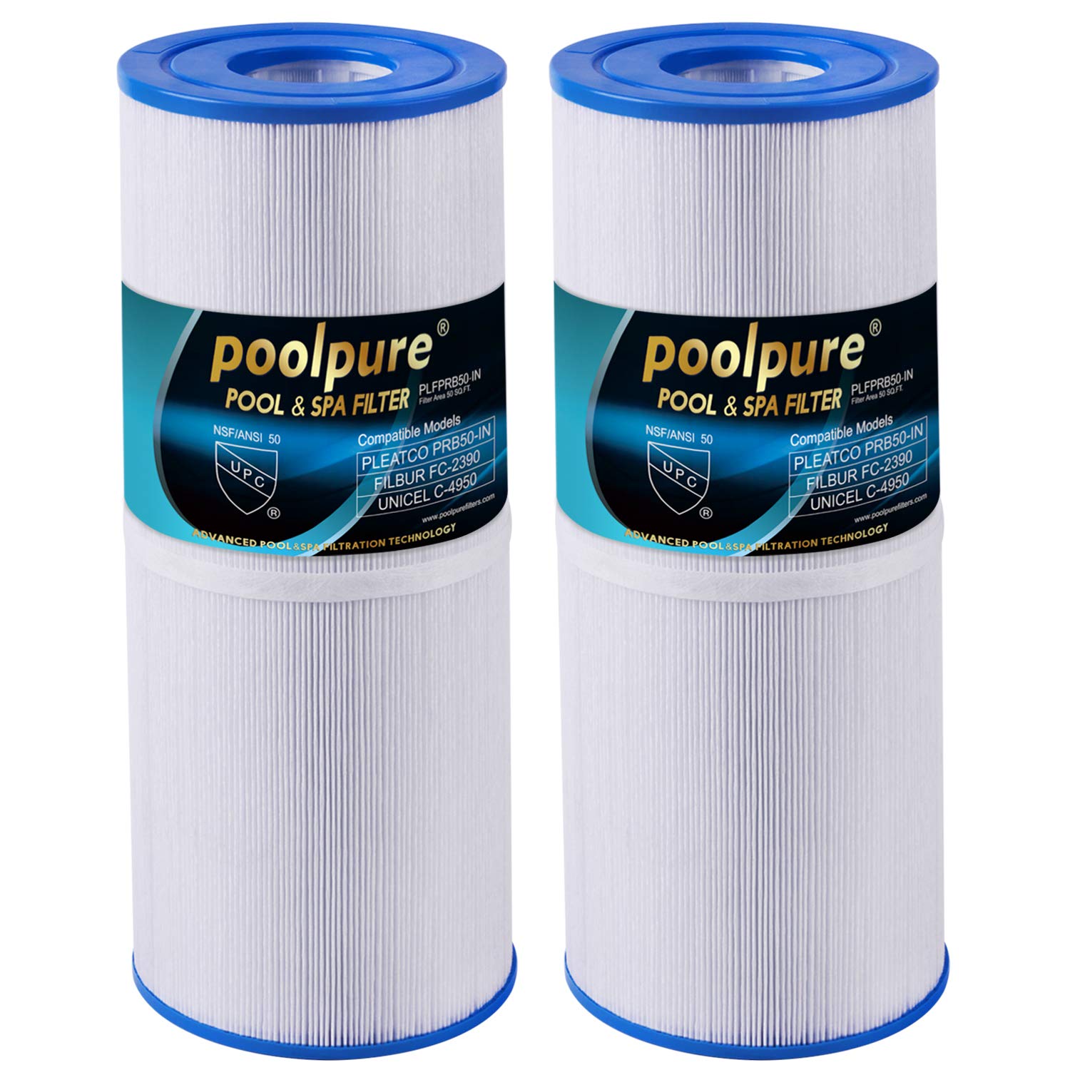 POOLPURE Spa Filter for Hot Tub, Compatible with Pleatco PRB50-IN, Unicel C-4950, Filbur FC-2390, Dynamic 03FIL1600, Pentair R173434, 50 sq. ft. Spa Filter Cartridge 5 X 13, 2 Pack