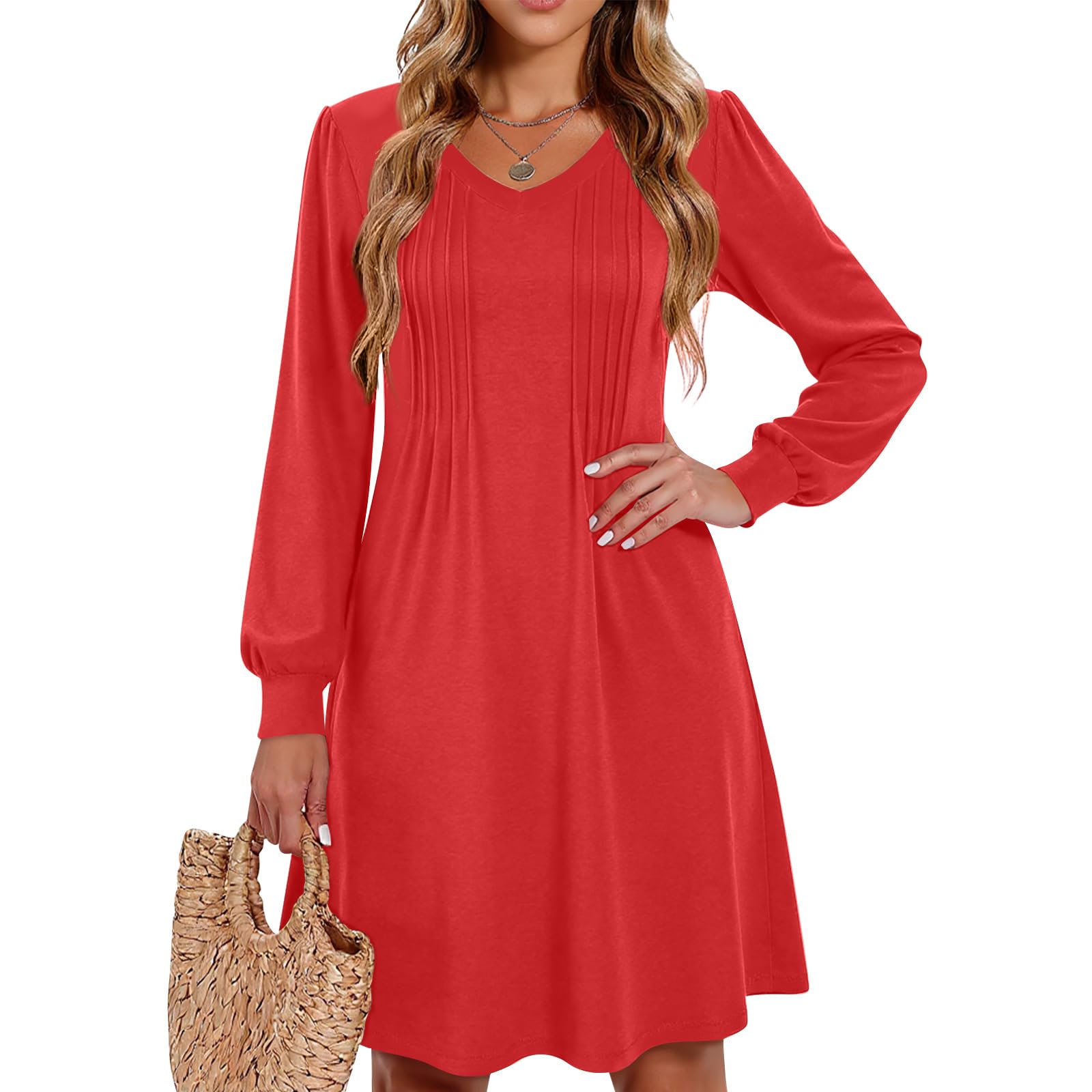Dresses for Women 2025 Long Sleeve V Neck Empire Waist Pleated Soft A Line Midi Dress S-2XL