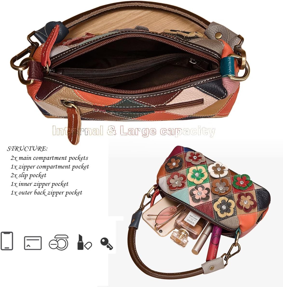 Women Colorful 3D Floral Shoulder Bag Genuine Leather Random Multicolour Patchwork Handbag Shopper Crossbody Satchels