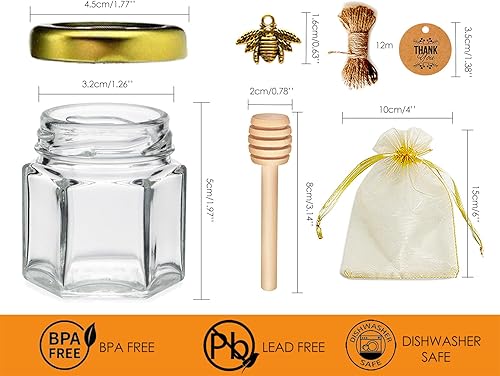 Miniatura 10 de Paquete de 60 tarros de miel de vidrio de 1.5 onzas con tapa dorada, colgantes de abeja, yutes, tarjetas de agradecimiento, bolsas de regalo y