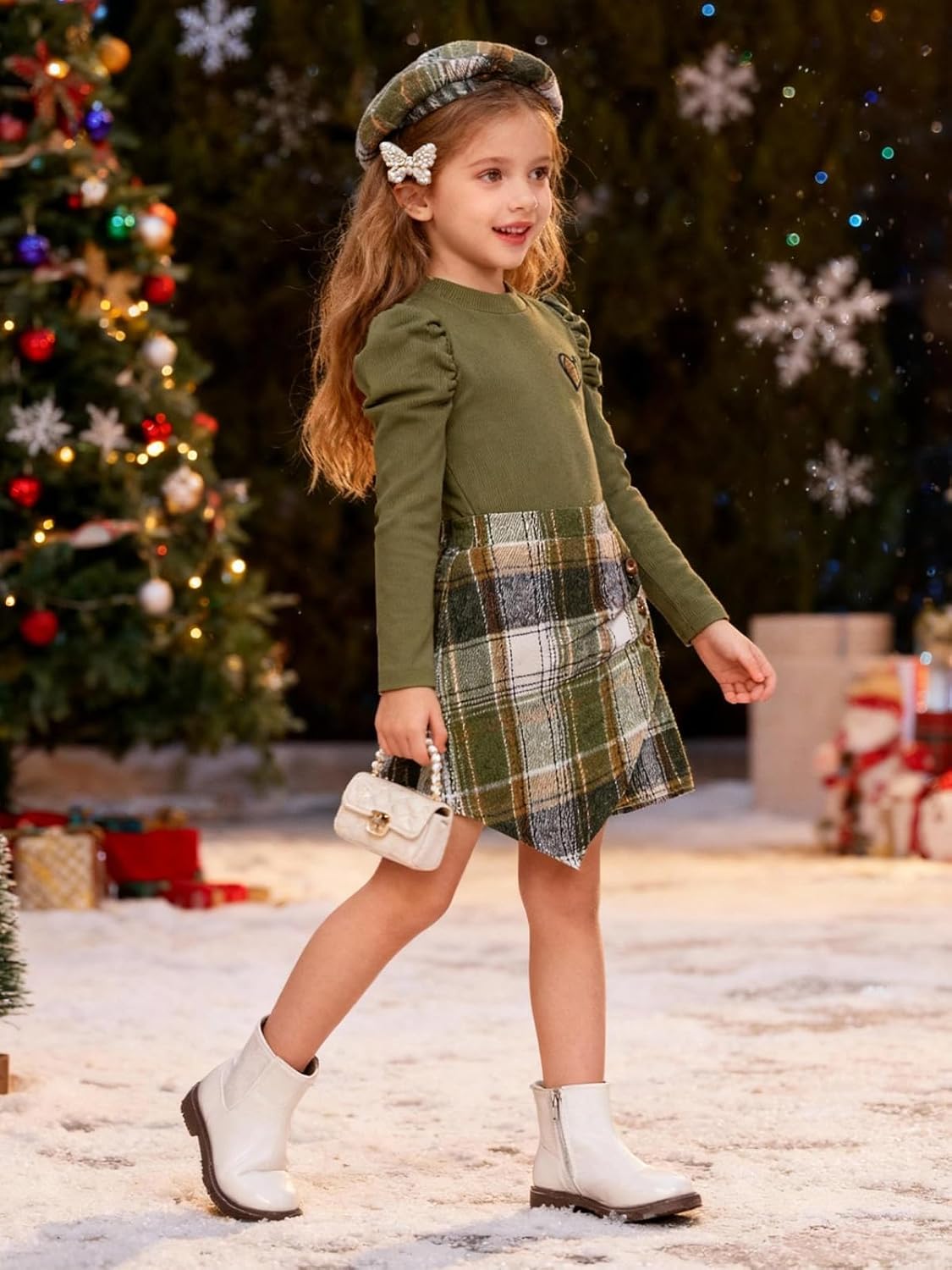 AMAWMW Girls Clothes Skirt Set Ribbed Puff Sleeve Top Plaid Skirt Shorts Beret Set 3Pcs Fall Winter Outfit - Image 3