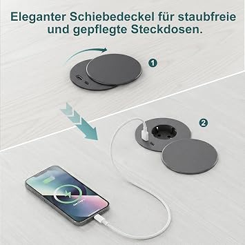Built-in Socket with Lid 2 USB Schuko Diameter 80 mm Black