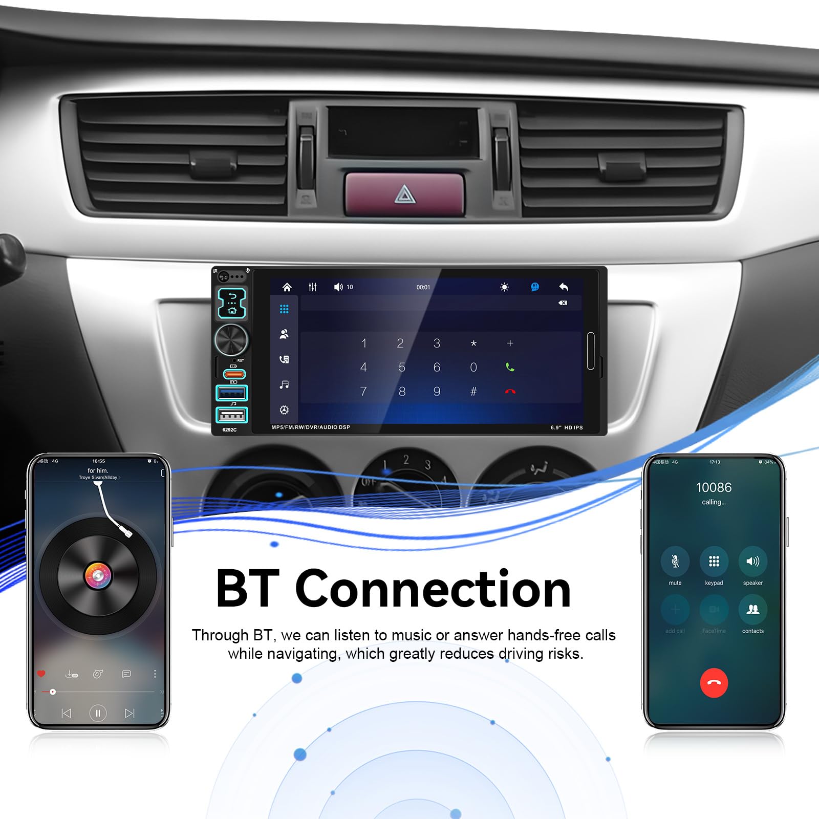 Autoradio 1 DIN Carplay Android Auto, Ecran Tactile 6.9 Pouces 1 Din Poste Radio Voiture Bluetooth Mains Libres, FM, Caméra de Recul, Microphone, USB/AUX/TF/EQ/DVR