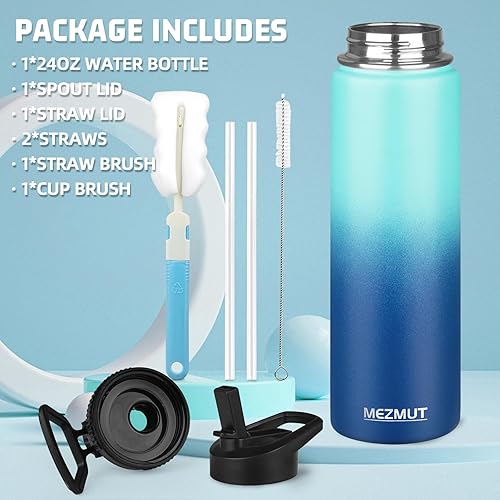 Miniatura 2 de MEZMUT Botella de agua aislada de acero inoxidable de 24 onzas con popote y 2 tapas, taza de metal deportiva, botella aislada al vacío de doble