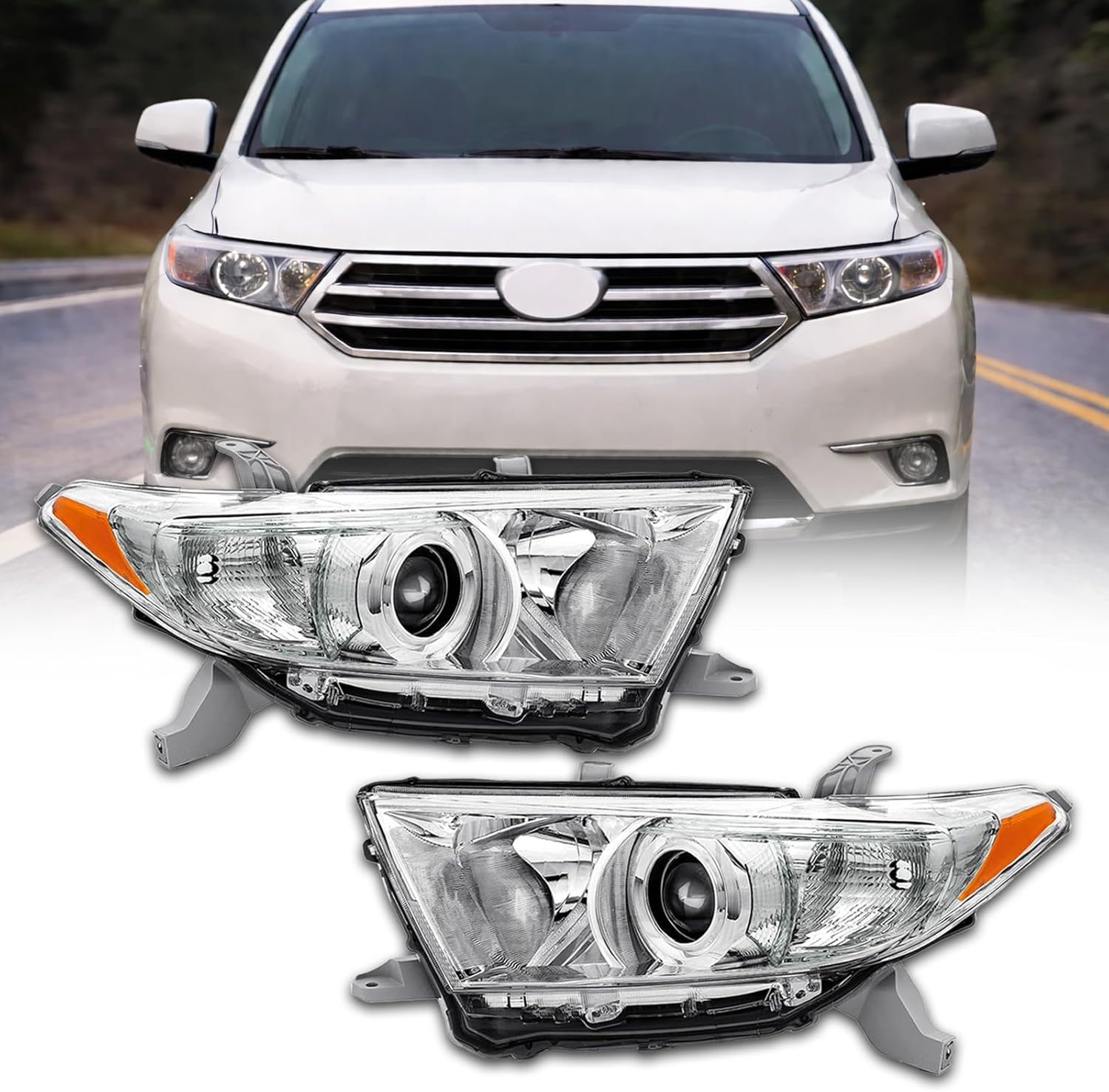 Headlight Assembly Set Fit For 2011 2012 2013 Toyota Highlander (Halogen Models Only) Chrome Housing, Driver & Passenger Side W/o Bulbs Replacement TO2503208 & TO2502208