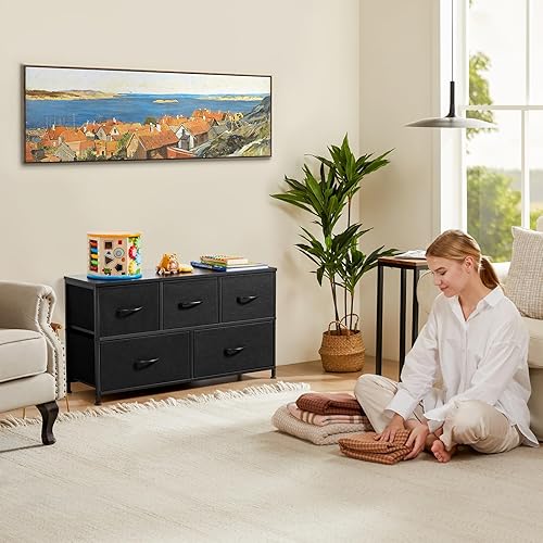 Miniatura 2 de Cómoda para dormitorio, organizador de cajones anchos, cajones de almacenamiento de tela con 5 cajones, cómoda pequeña, soporte de TV para