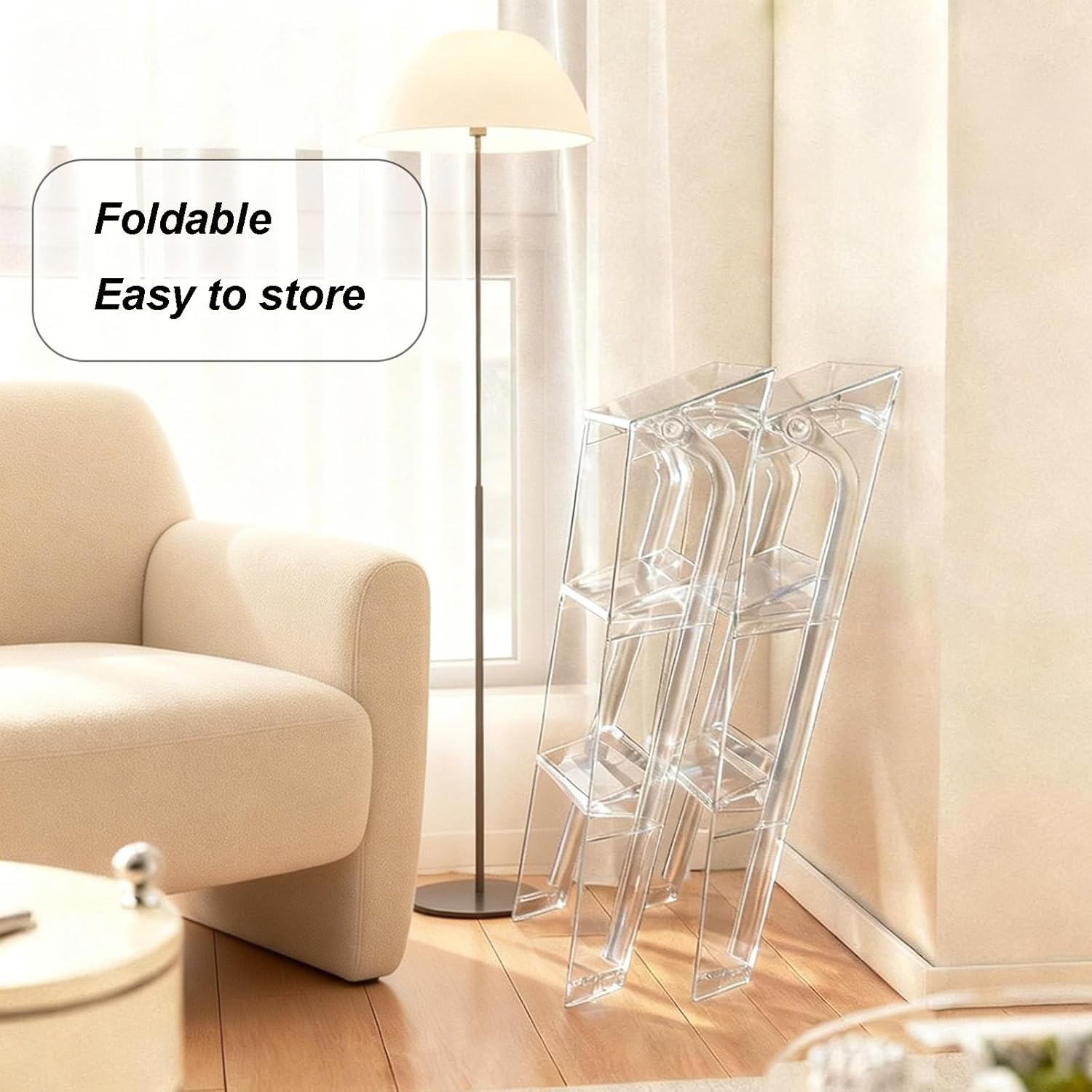 Acrylic Three-Step Ladder Foldable Transparent Step Stool Wide Non-Slip Textured Steps Electroplated Silver Iron Frame for Home Decor Wardrobes Bathrooms