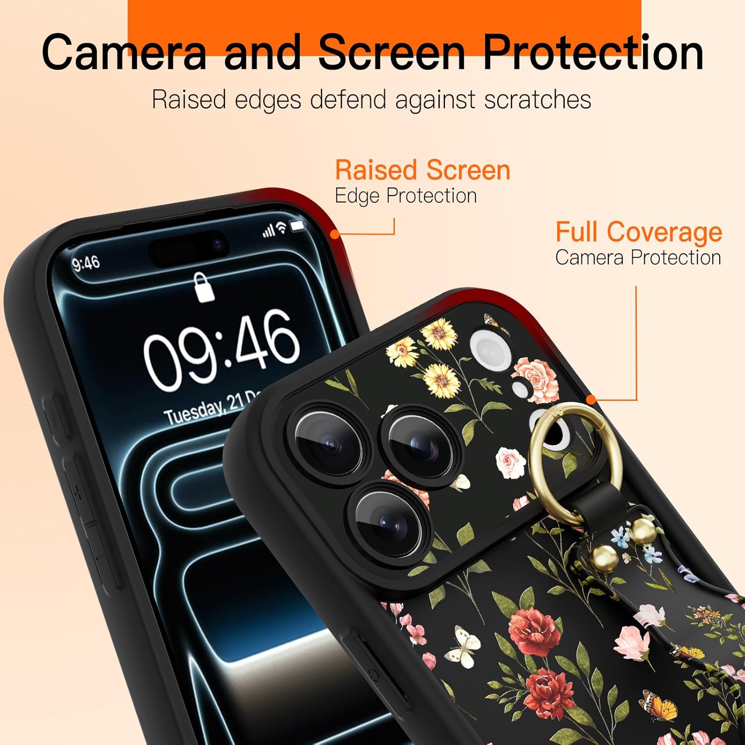 Compatible with iPhone 17 Pro Case with Wrist Strap, Cute Floral Flower Pattern [Upgraded] Soft TPU Adjustable Wristband Kickstand Shockproof Protective Cover for Girl Women, Black