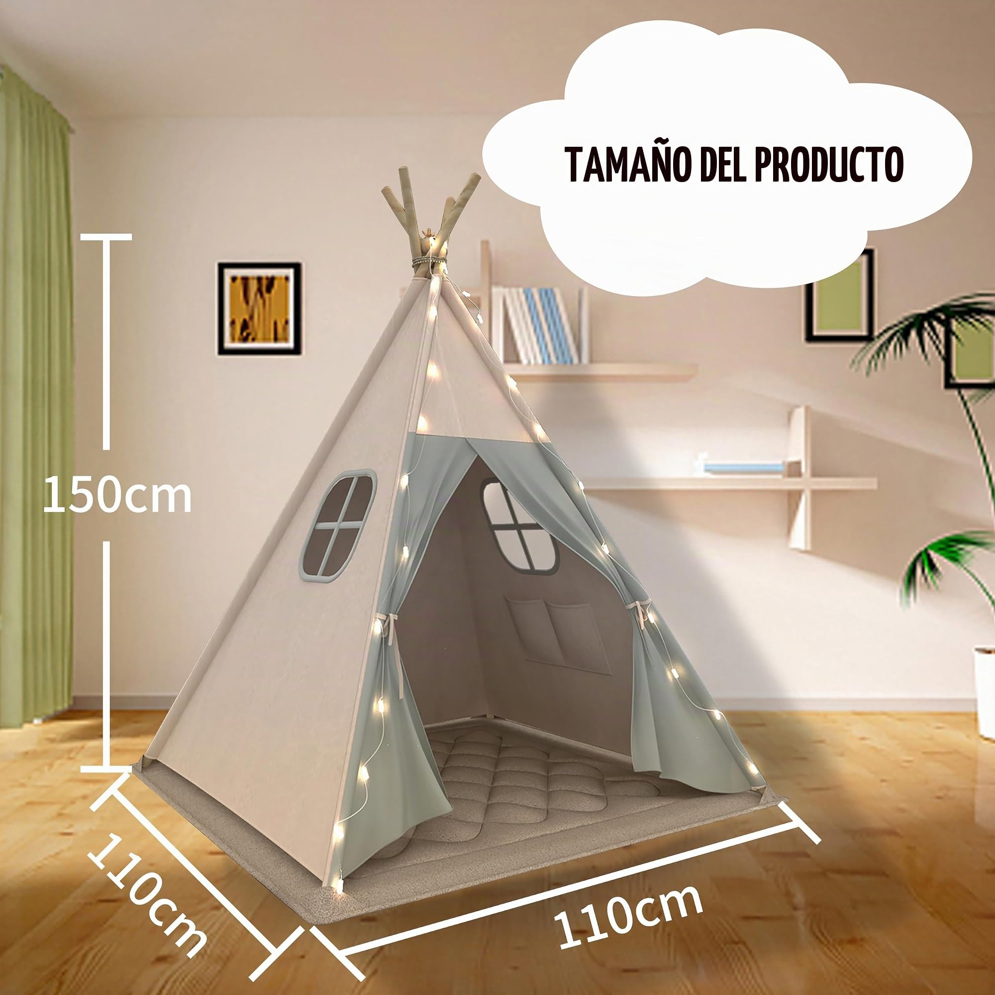 Tipi Tienda de campaña para niños, lavable, con manta acolchada, cadena de luces, bolsa de transporte, tienda de campaña de lona para niños y niñas