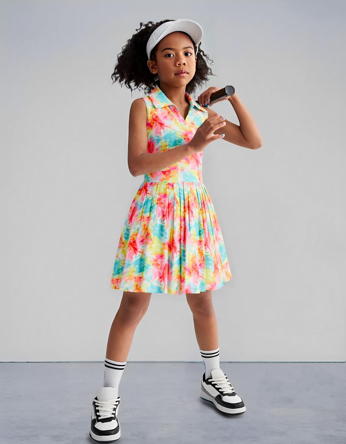 JiAmy Girls Tennis Dress Sleeveless Polo V Neck Athletic Dress Cutout Back Printed Pleated Girls Golf Dresses 3-12 Y