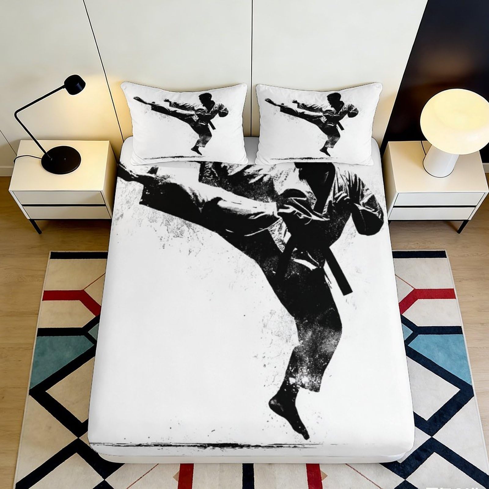 3D Printed Martial Arts Fitted Sheet Microfiber Soft Breathable Karate Kick Bed Cover for Bedroom Dorm Mattress Protection Decor 90x200x25cm