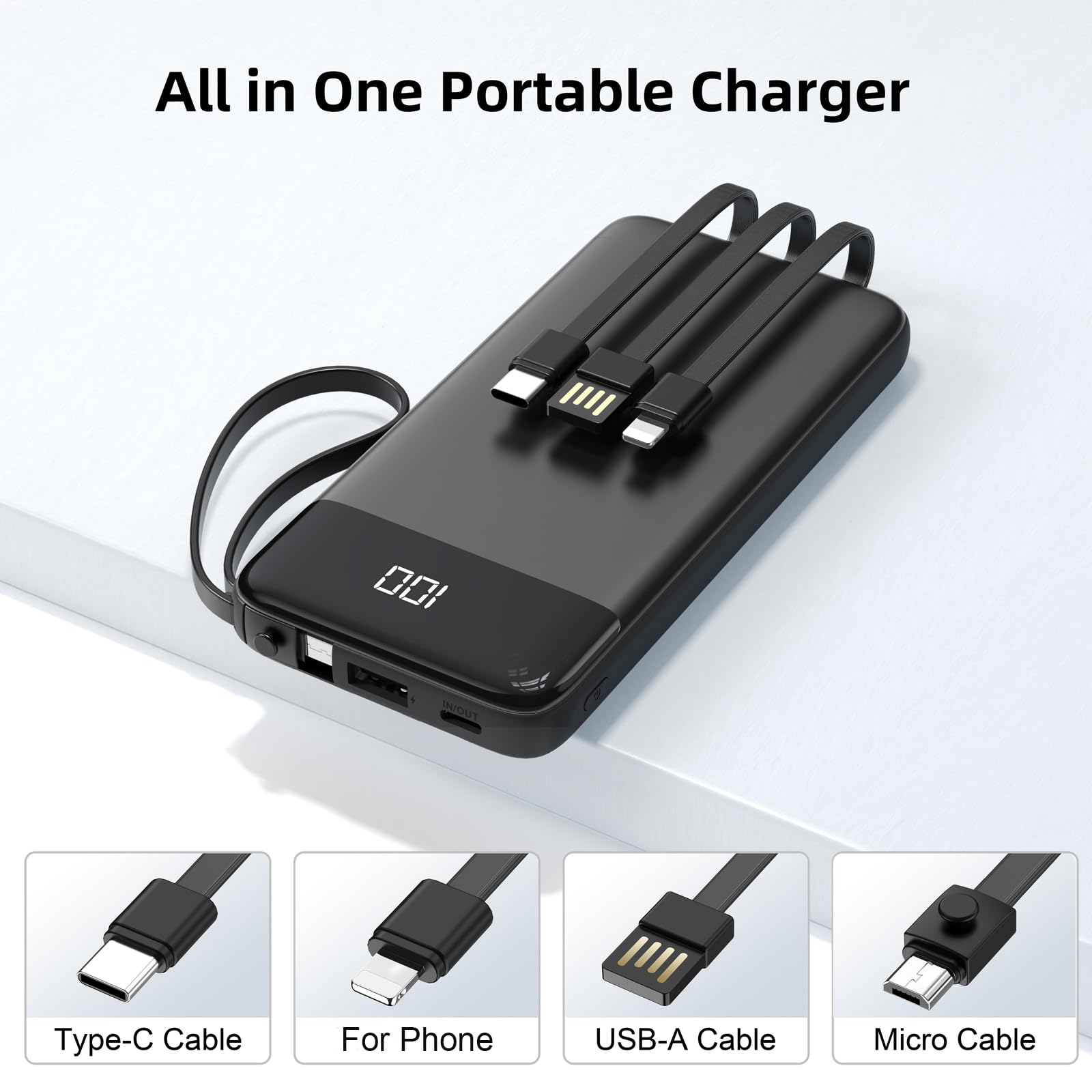 penaover Caricabatterie portatile 10000 mAh Power Bank con cavo integrato, 5 uscite, 2 ingressi, batteria esterna essenziale da viaggio con display a LED, compatibile con iPhone 16/15 Samsung S22