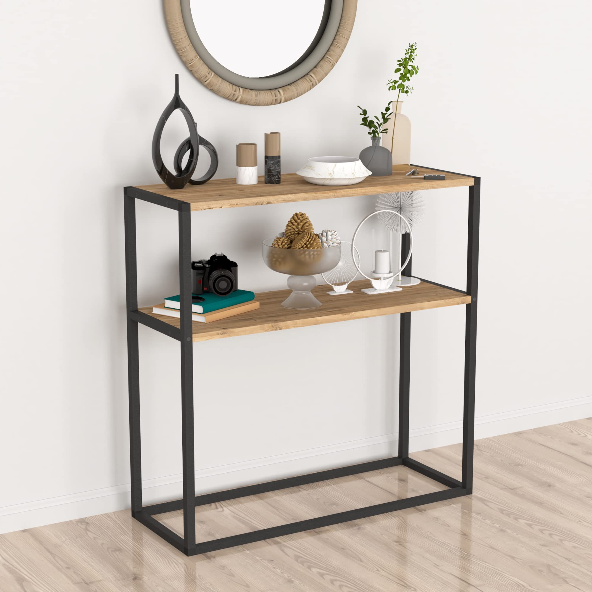 [en.casa] Table Console pour Salon Table d'Appoint Rectangulaire avec Surface de Rangement Panneau de Particules Métal 90 x 90 x 34 cm Effet Chêne Noir
