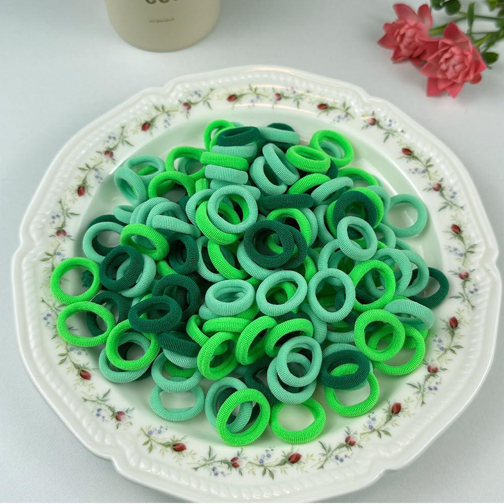 100 Pcs Small Girls Hair Bands Baby Bobbles Soft Toddler Hairbands Mini Hair Ties for Kids Girls Young Chidren with Storage Box Green