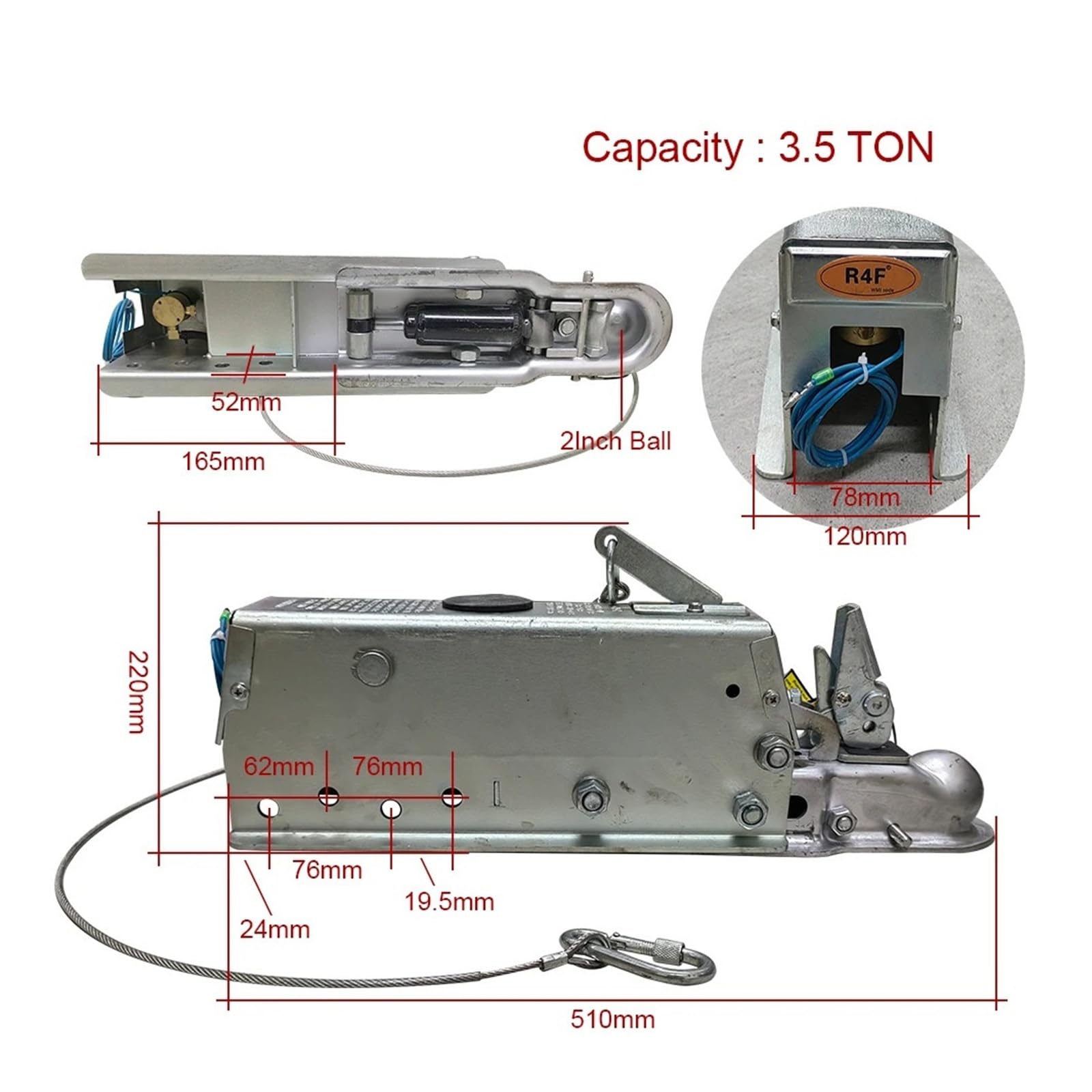 Hydraulischer Bootsanhänger-Scheibenbrems-Überspannungskoppler-Aktuator 2-Zoll-Kugelkappe 3,5 TON RV-Teile Camper Caravan-Zubehör