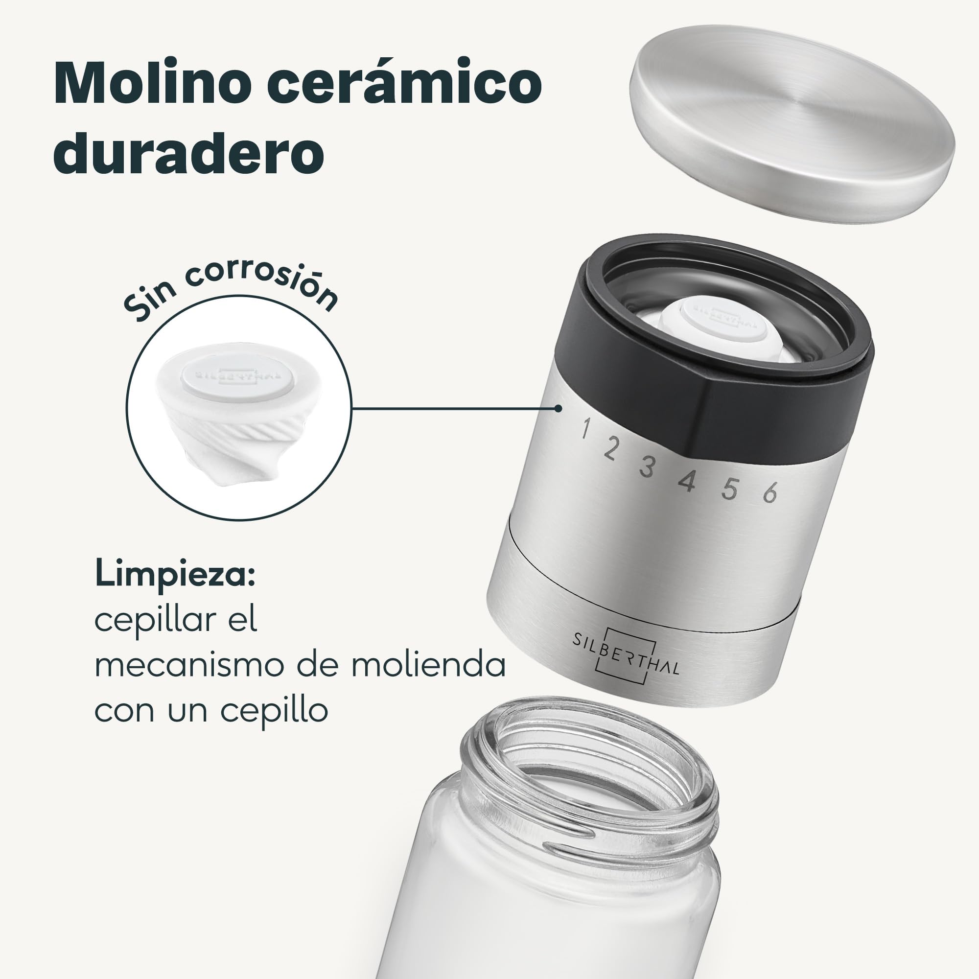 SILBERTHAL Molinillo de pimienta y sal - Ajustable a 6 niveles - Muela cerámica - Tapa hermética y cristal apto para lavavajillas