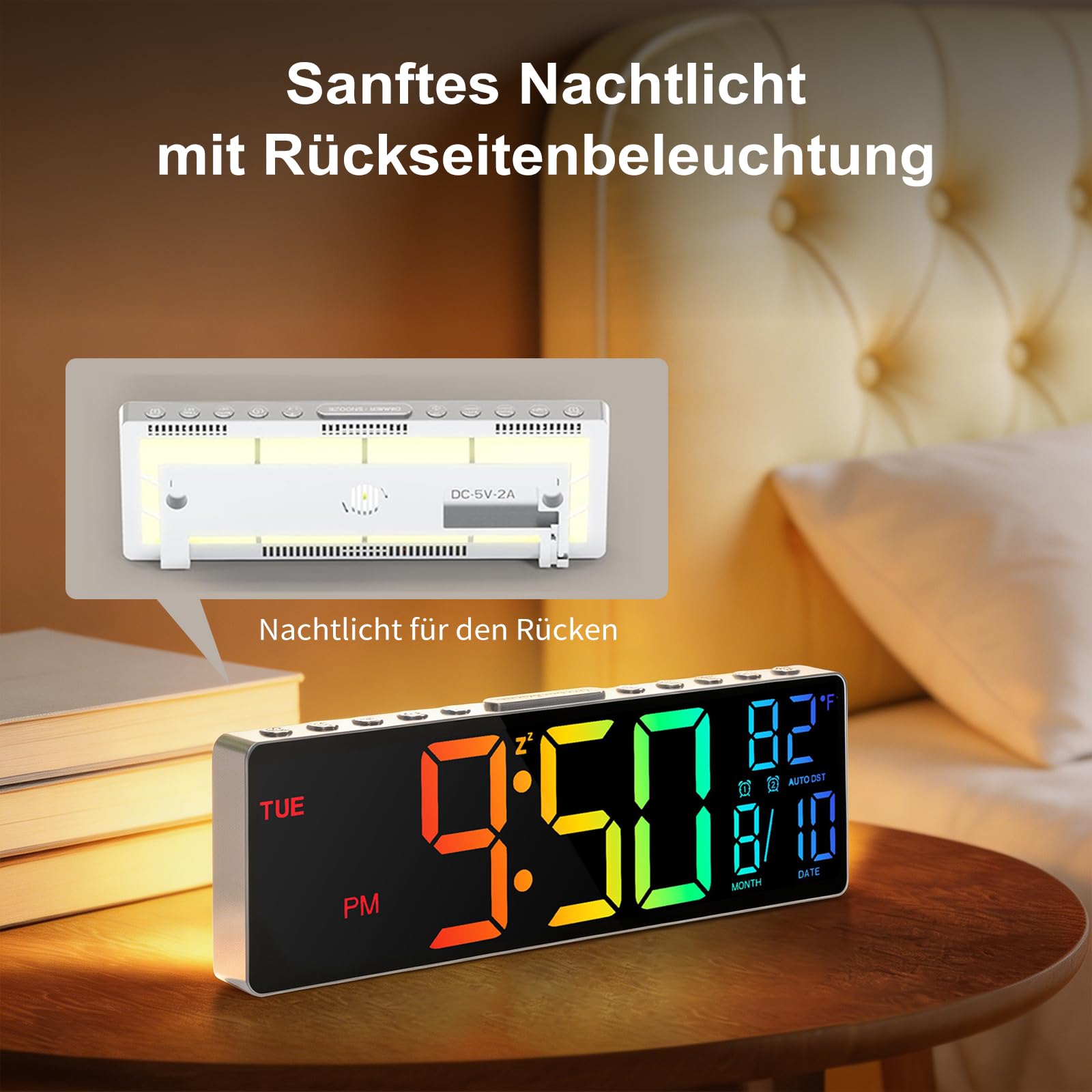 HUO JI Horloge murale et de table numérique de 10,5 pouces avec télécommande, changement de couleur RVB, réglage automatique de la luminosité, veilleuse, affichage de la température et de la date