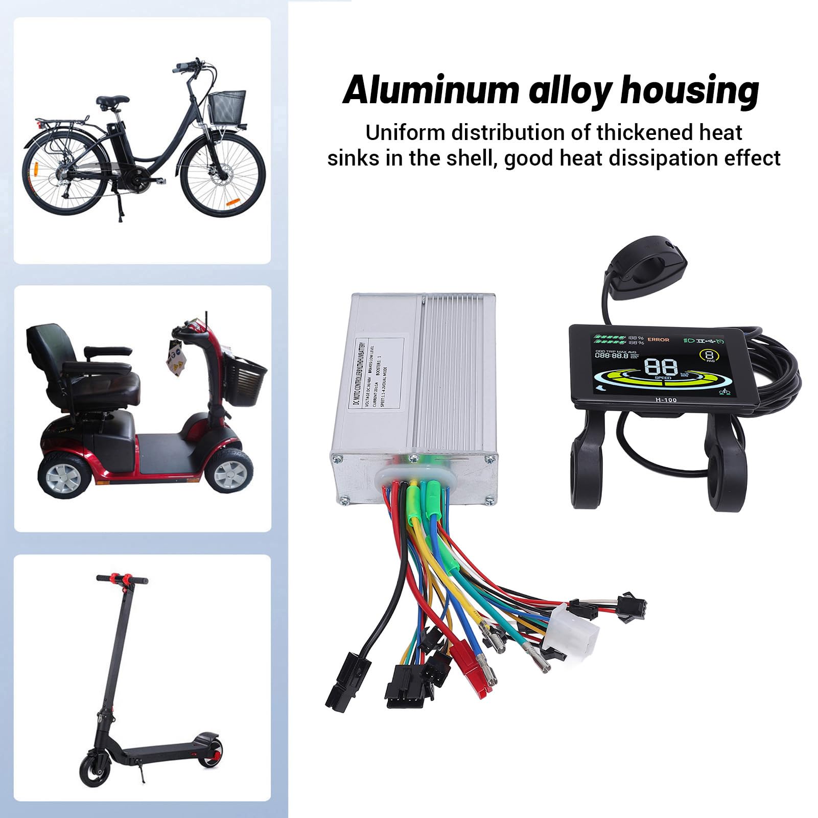 BuyWeek Kit de Contrôleur de Moteur Sans Balais, 36V 48V 350W 500W 20A 3 Modes Contrôleur d'Onde Sinusoidale avec Écran d'Affichage LCD Couleur H100 pour Vélo Électrique Trottinette Électrique